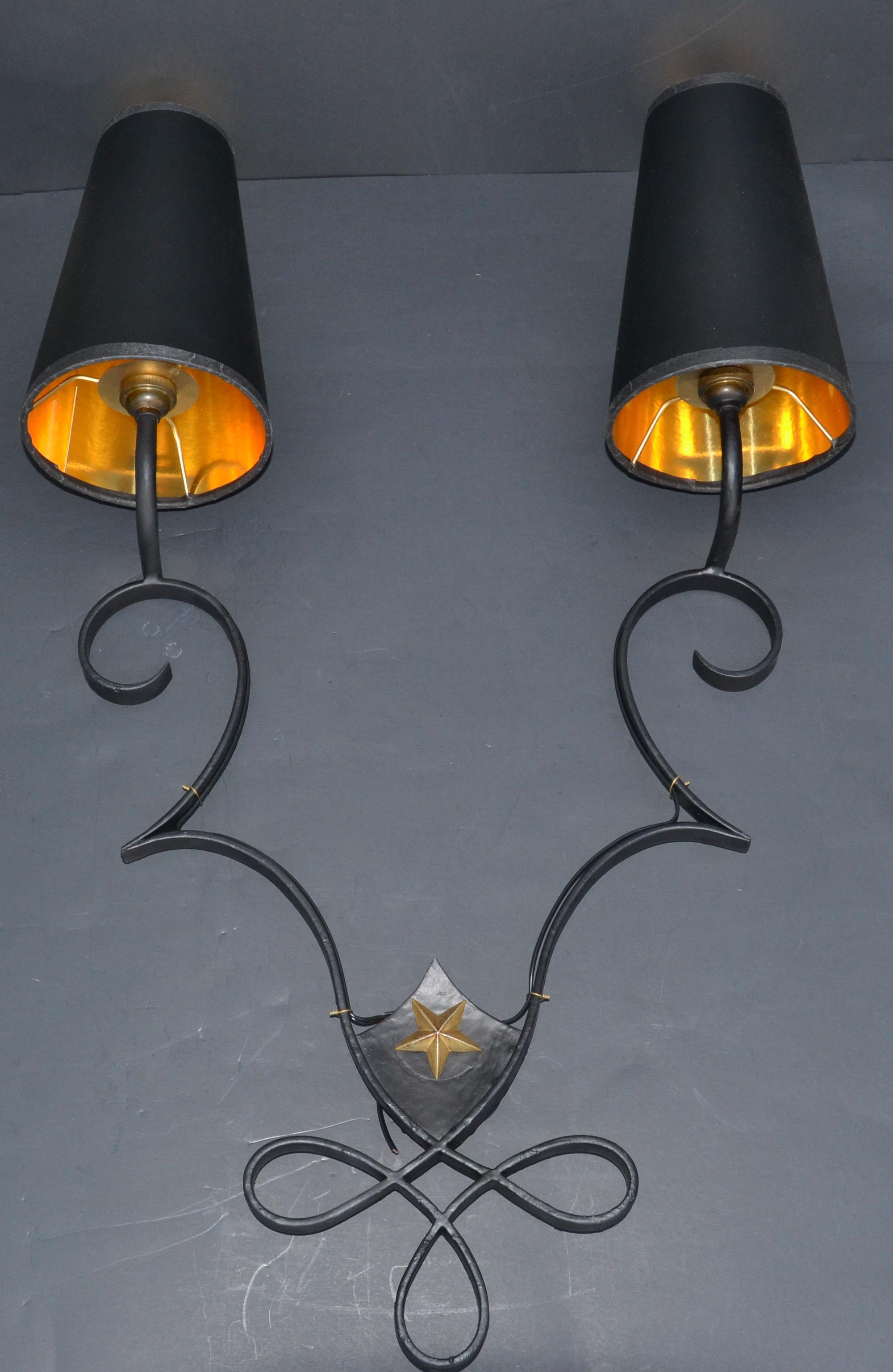 Pair, French 2 Lights Wrought Iron & Brass Wall Sconces Gilbert Poillerat Style 8