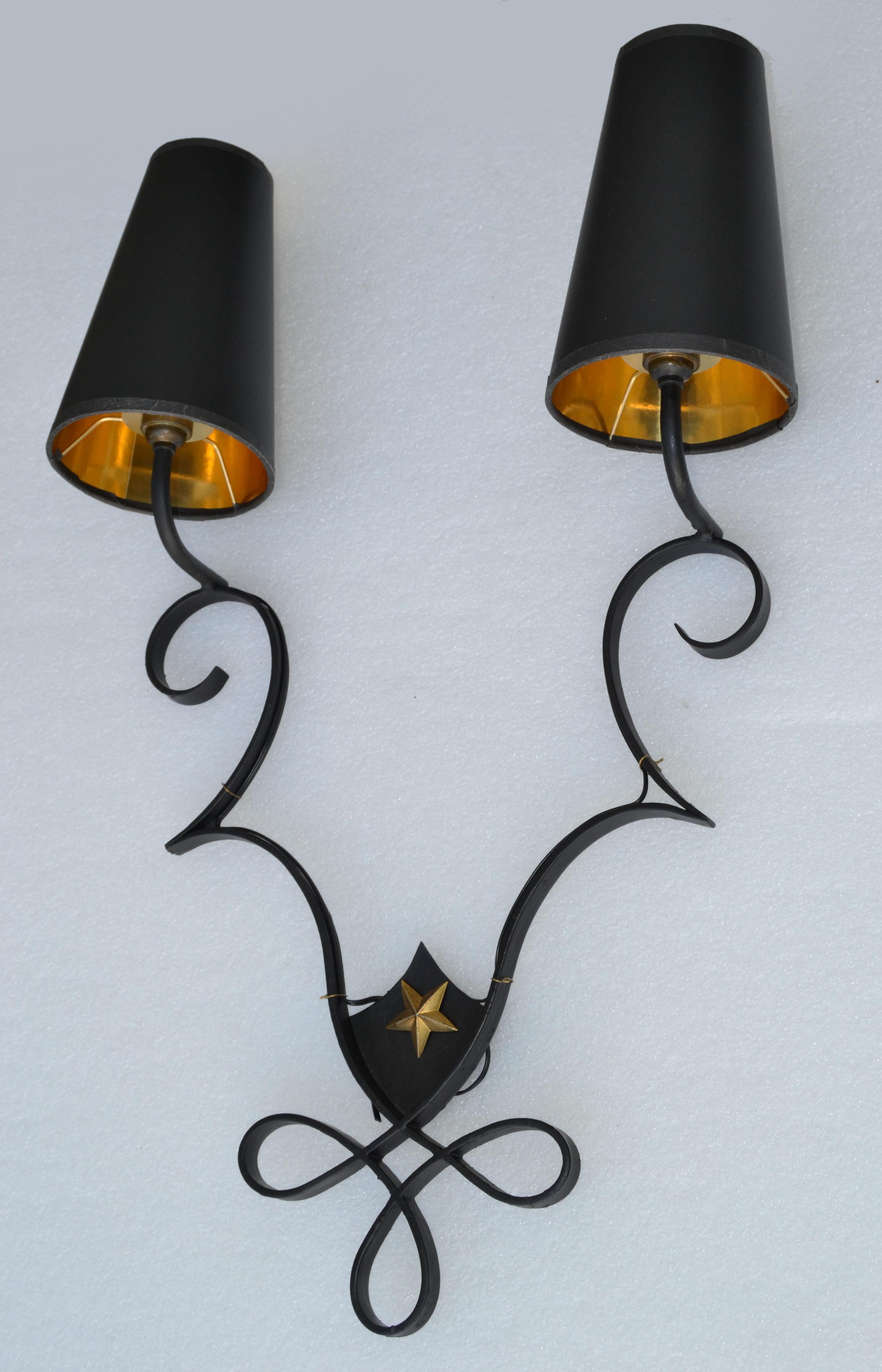 Pair, French 2 Lights Wrought Iron & Brass Wall Sconces Gilbert Poillerat Style 9