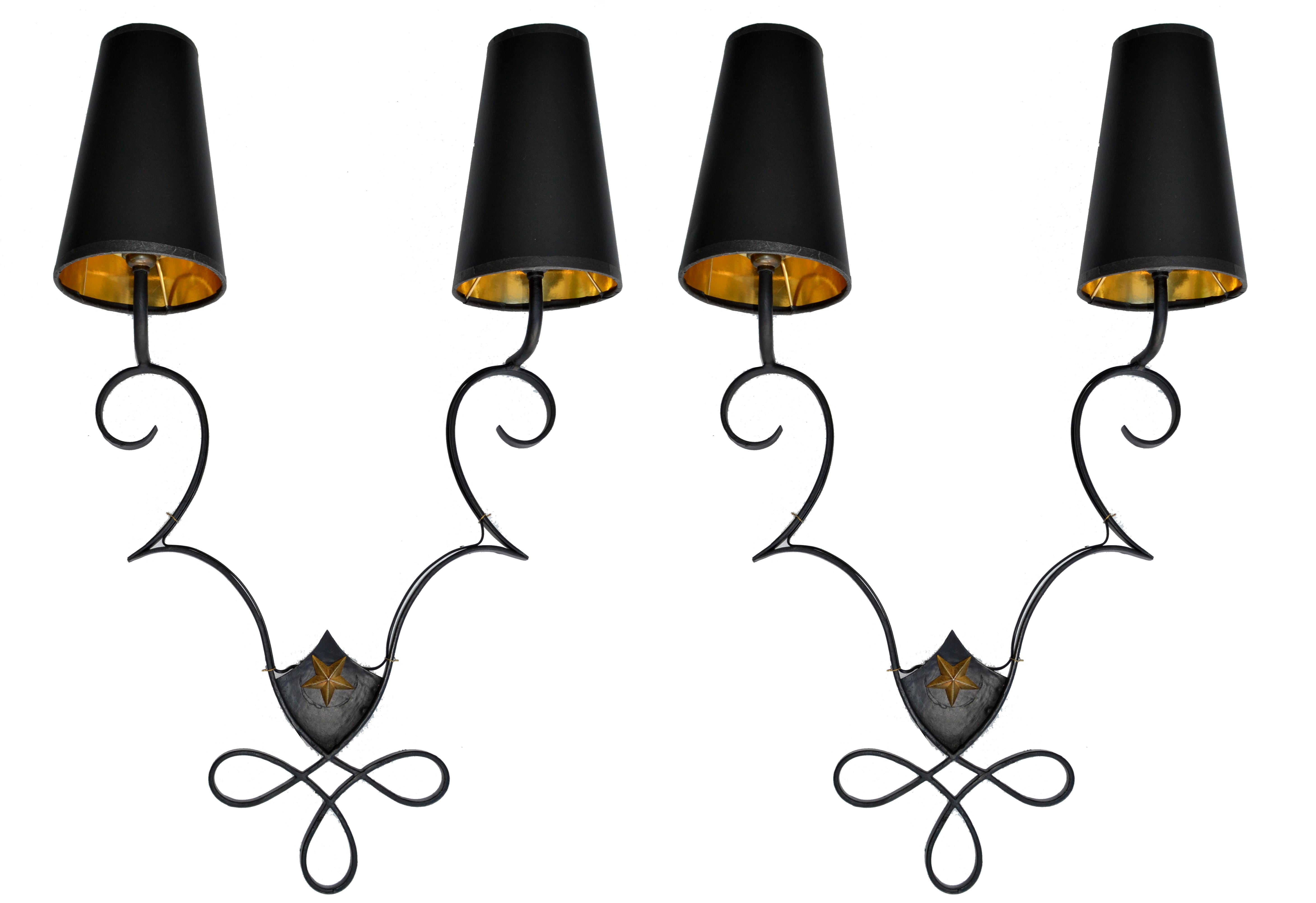 Mid-Century Modern Pair, French 2 Lights Wrought Iron & Brass Wall Sconces Gilbert Poillerat Style