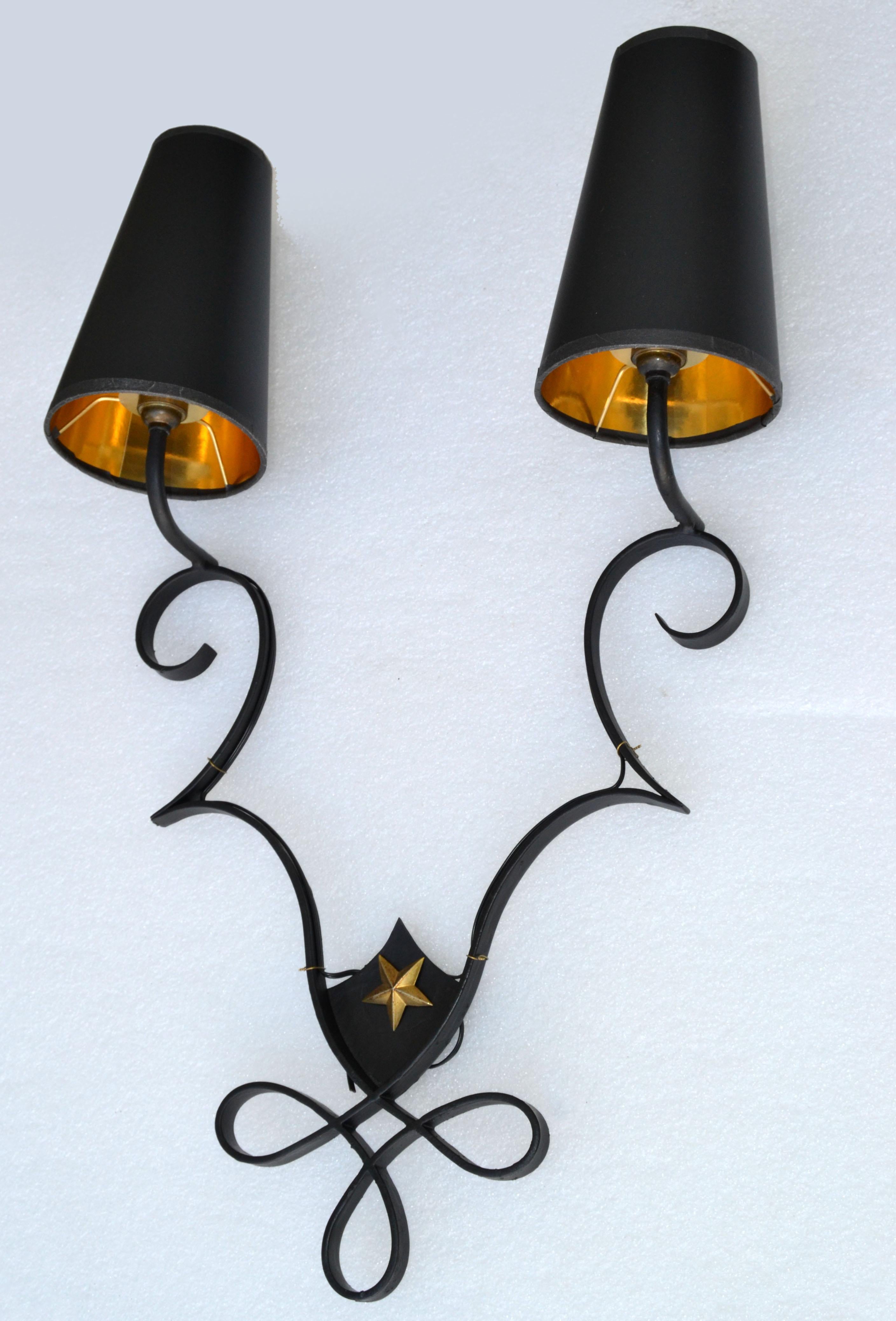 Hand-Crafted Pair, French 2 Lights Wrought Iron & Brass Wall Sconces Gilbert Poillerat Style