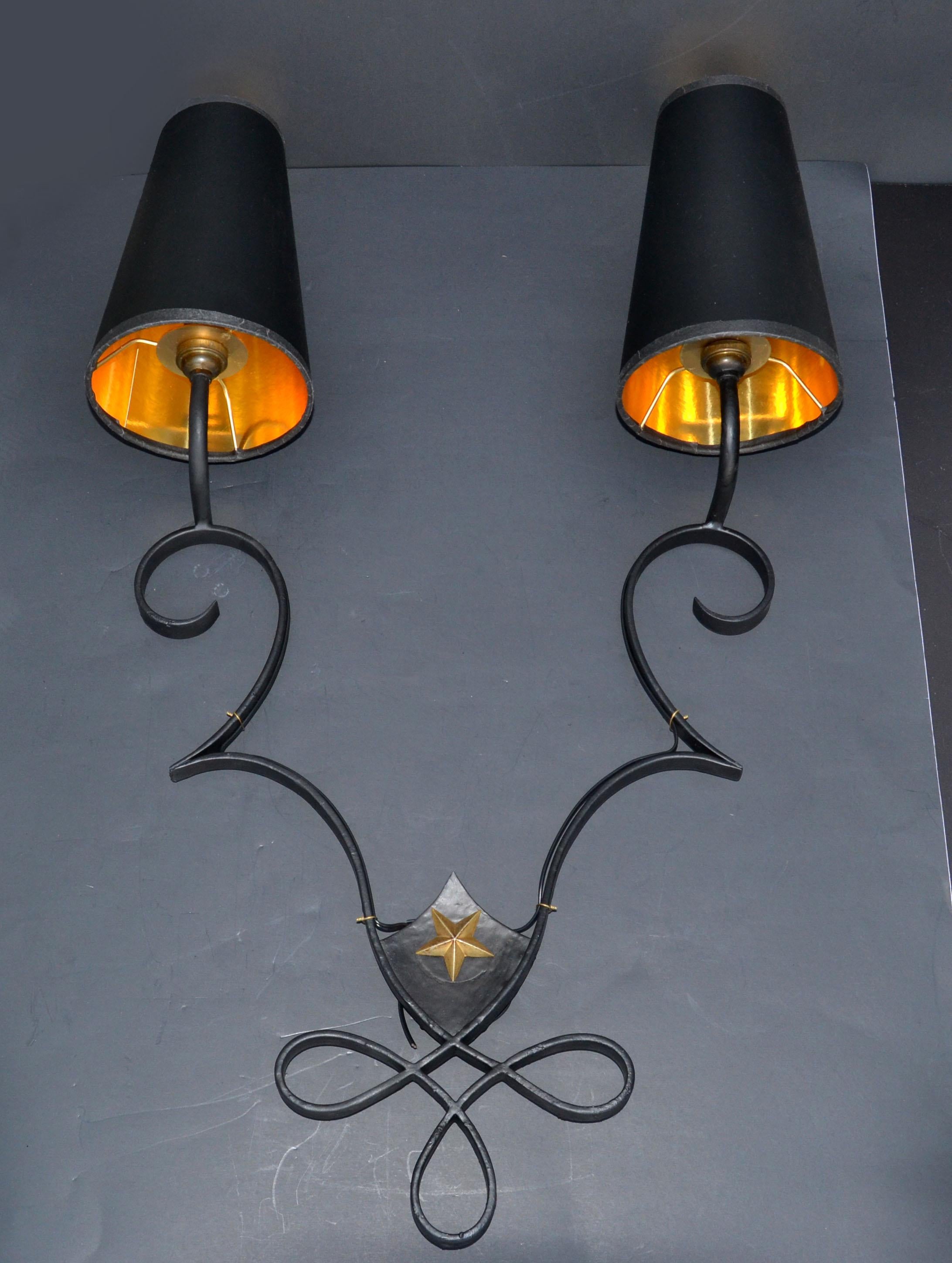 Pair, French 2 Lights Wrought Iron & Brass Wall Sconces Gilbert Poillerat Style In Good Condition In Miami, FL