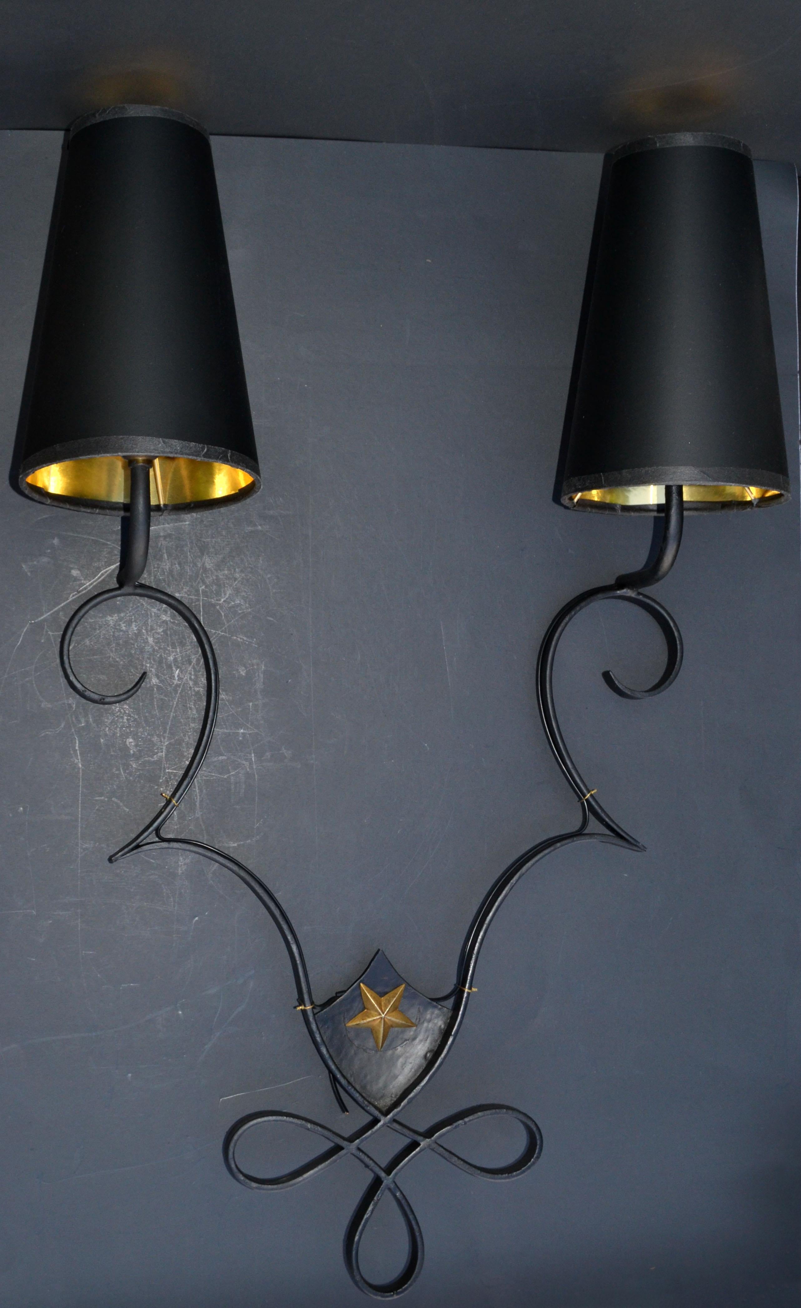 Mid-20th Century Pair, French 2 Lights Wrought Iron & Brass Wall Sconces Gilbert Poillerat Style