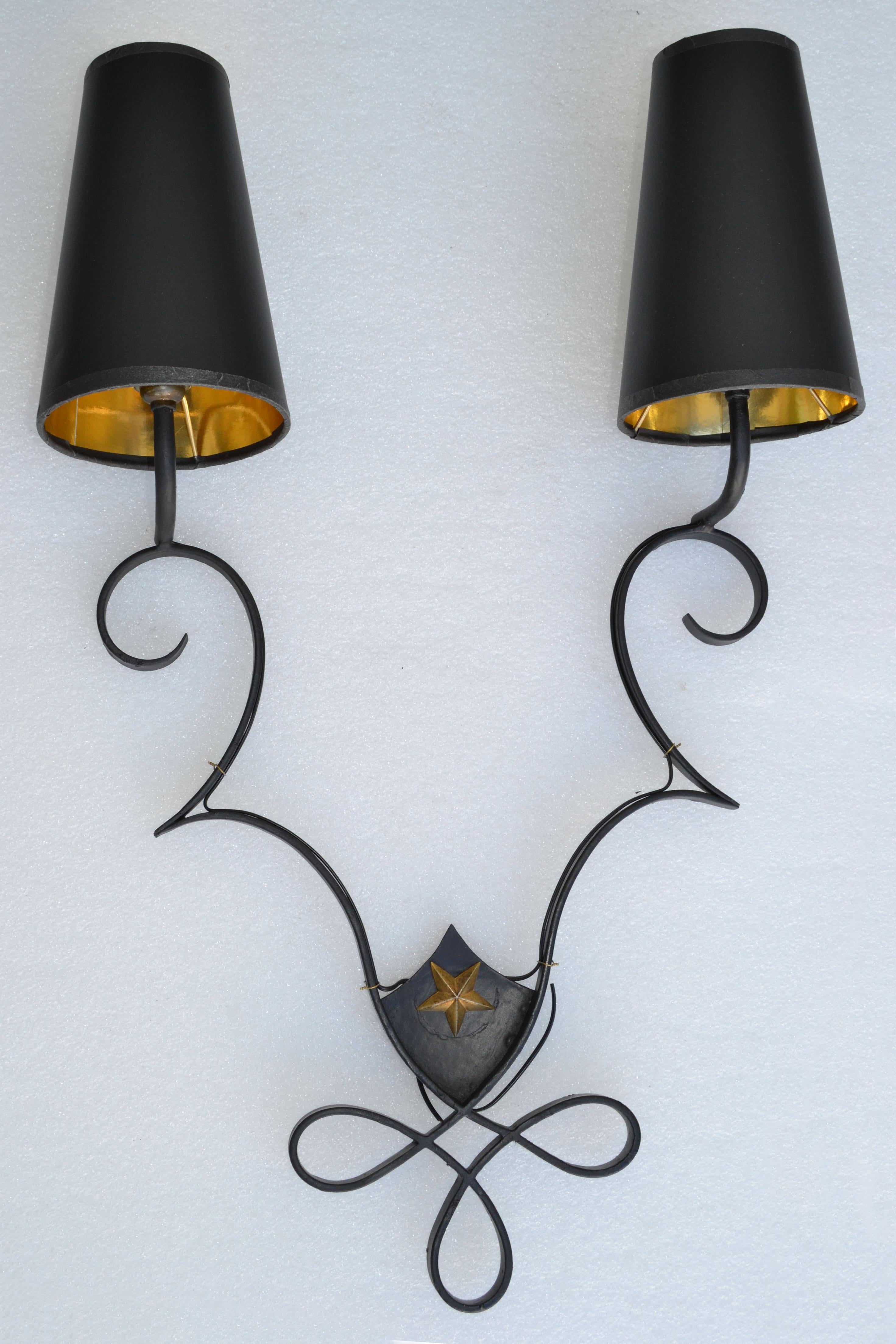 Pair, French 2 Lights Wrought Iron & Brass Wall Sconces Gilbert Poillerat Style 1