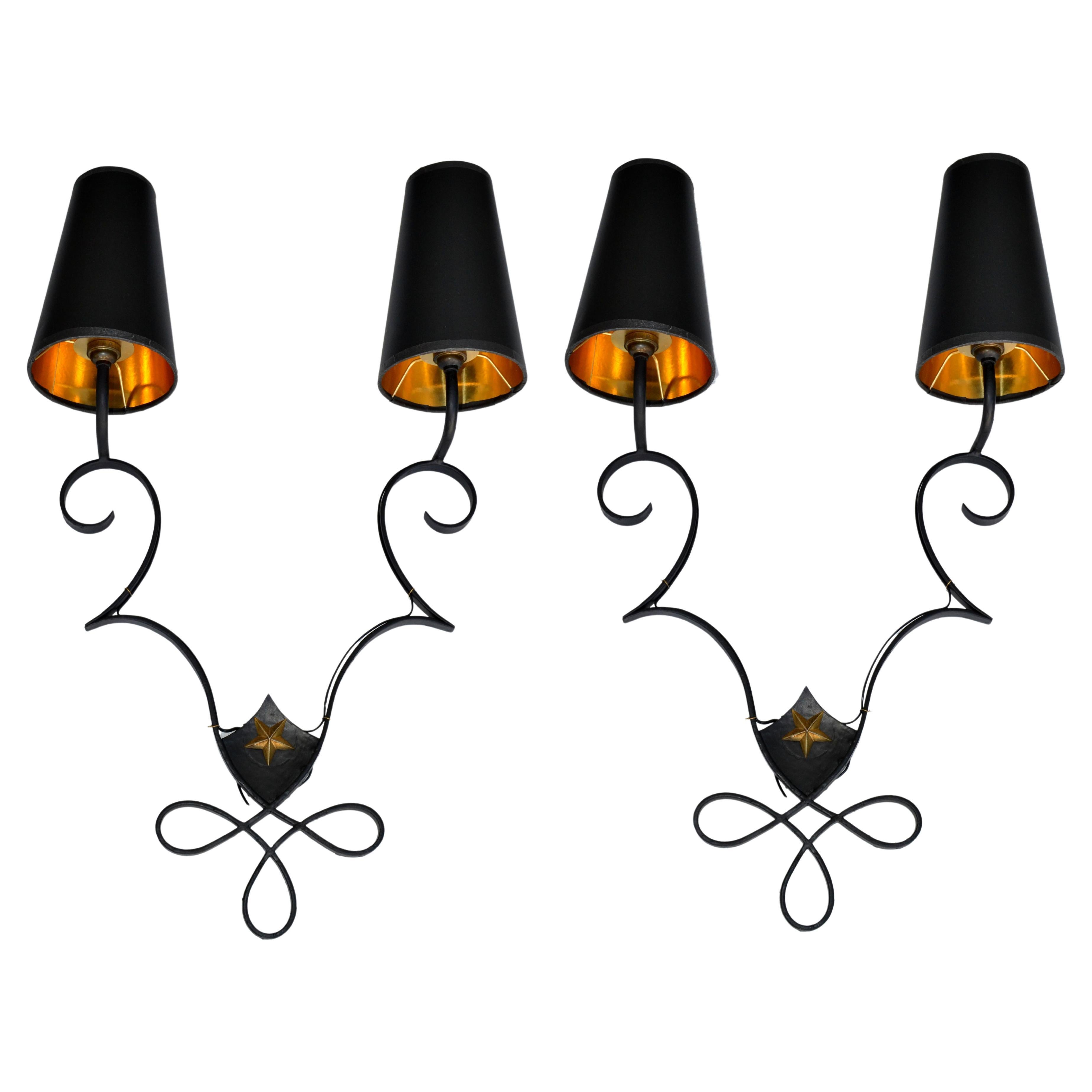 Pair, French 2 Lights Wrought Iron & Brass Wall Sconces Gilbert Poillerat Style