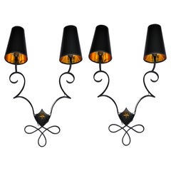 Pair, French 2 Lights Wrought Iron & Brass Wall Sconces Gilbert Poillerat Style