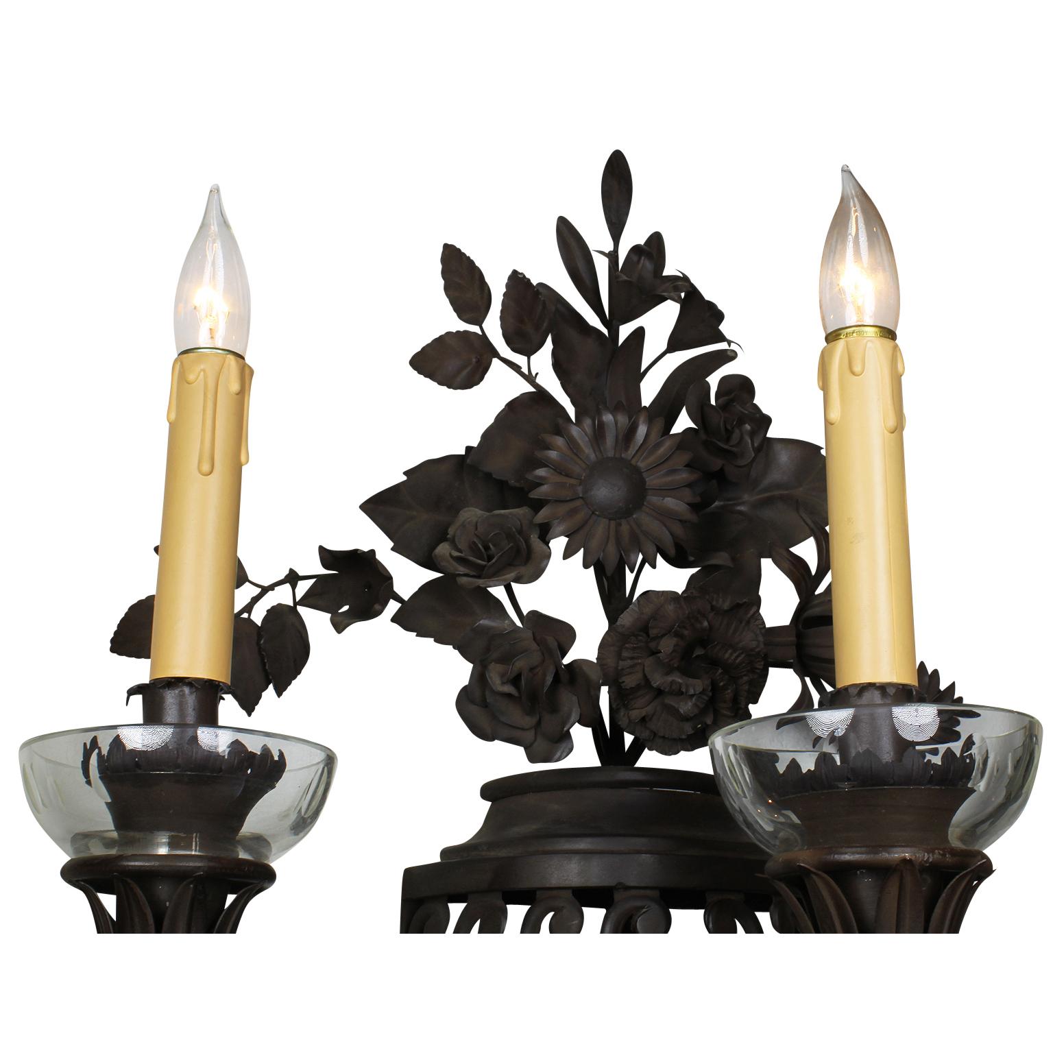 Cut Glass Pair French 20th Century Rococo Style Patinated Metal Flower Wall Lights Sconces For Sale