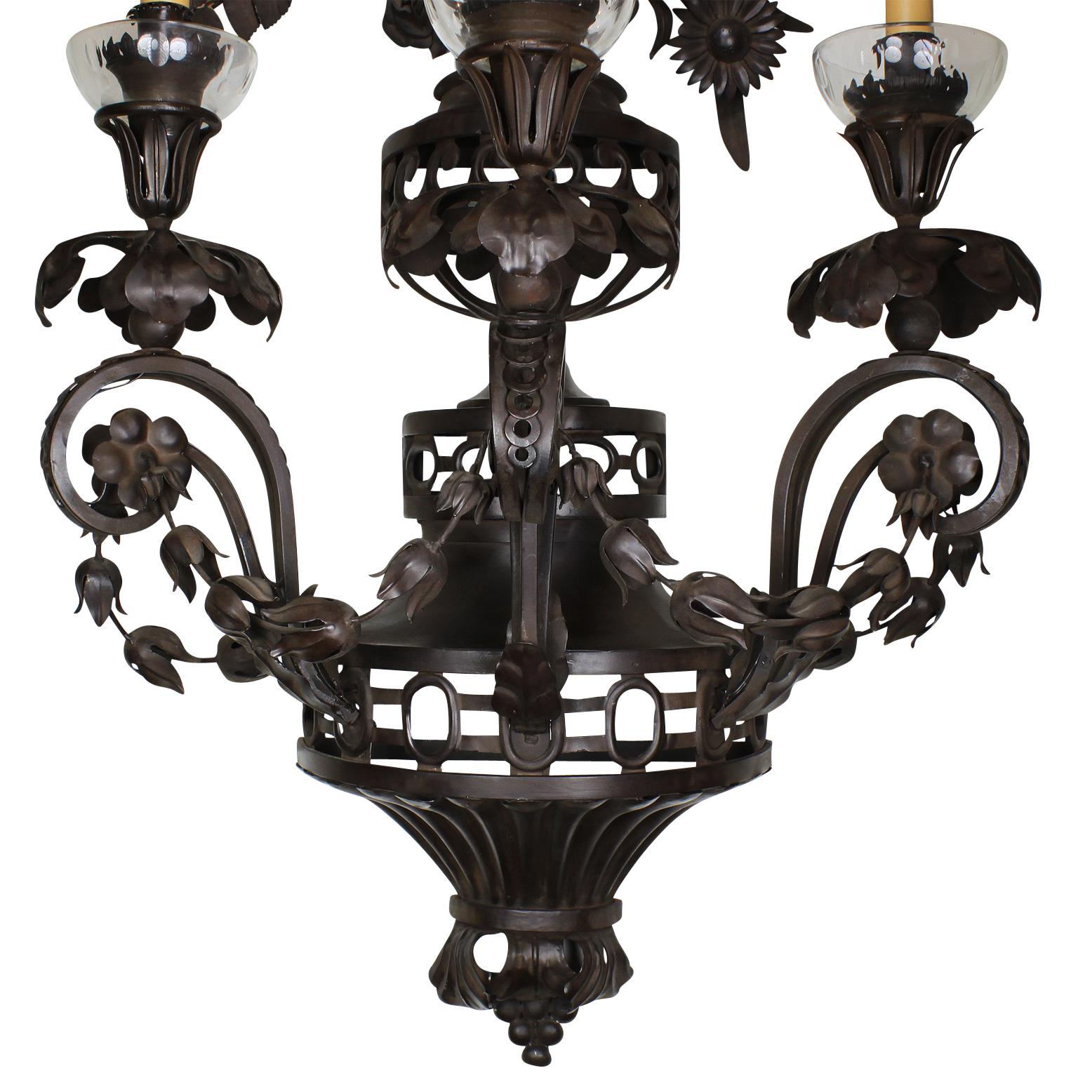 Pair French 20th Century Rococo Style Patinated Metal Flower Wall Lights Sconces For Sale 2