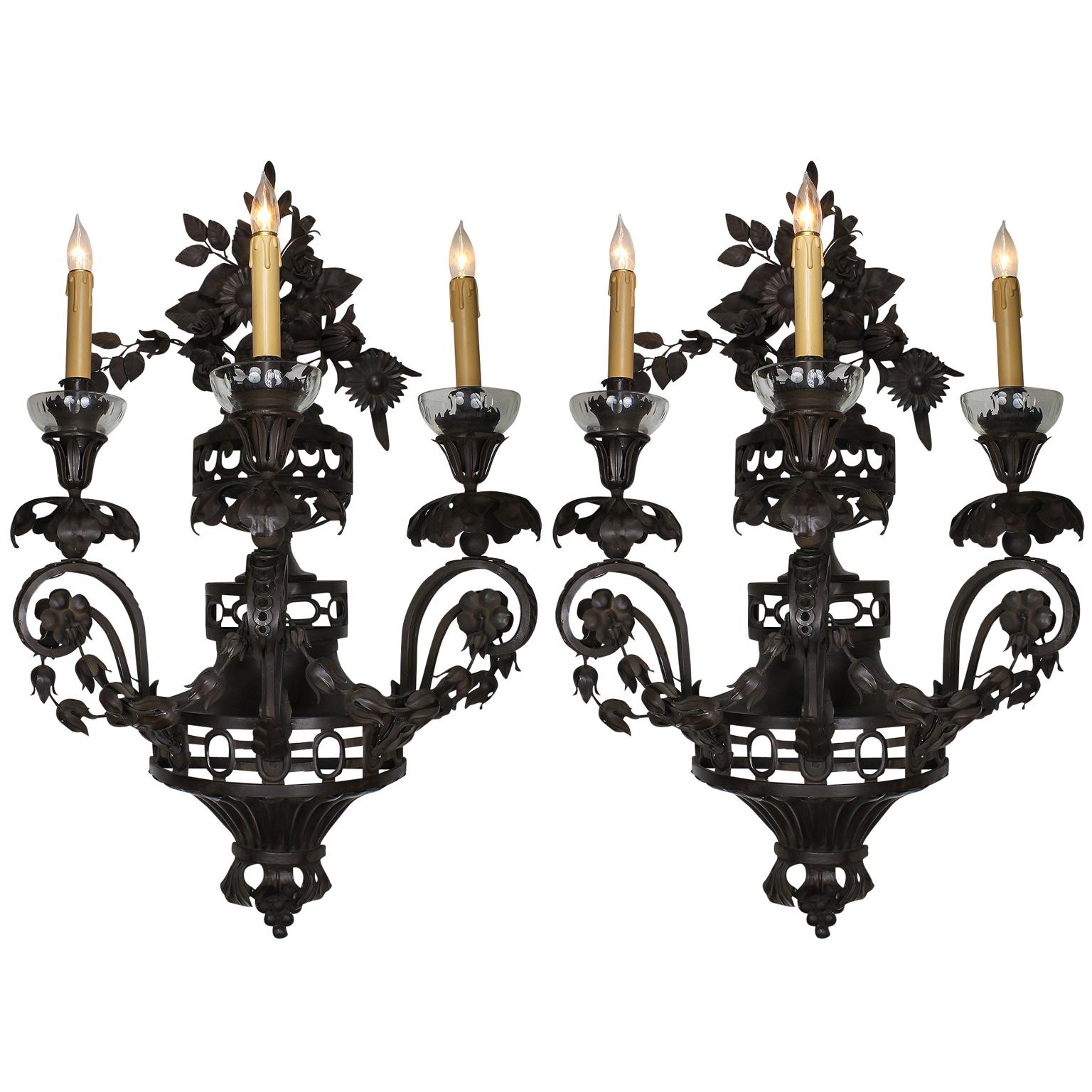 Pair French 20th Century Rococo Style Patinated Metal Flower Wall Lights Sconces For Sale