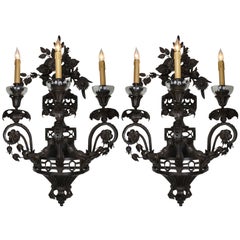 Pair French 20th Century Rococo Style Patinated Metal Flower Wall Lights Sconces