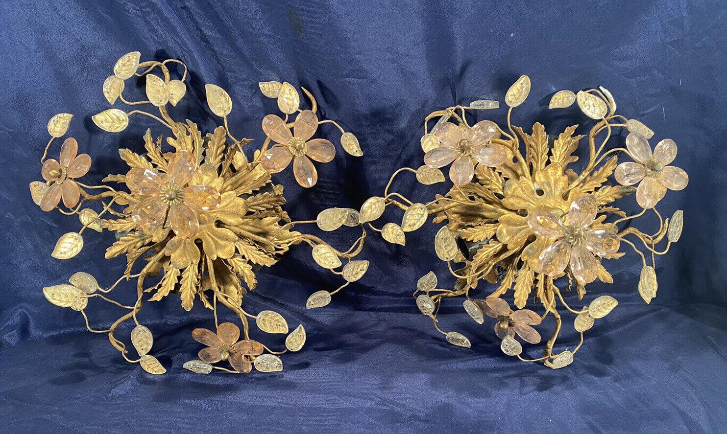 Pair 1940s French Regency Crystal Floral Form Ceiling Flush Mounts/ Plafonnier. Gilt metal floral detail. 5 lights. From a buying trip to Paris.