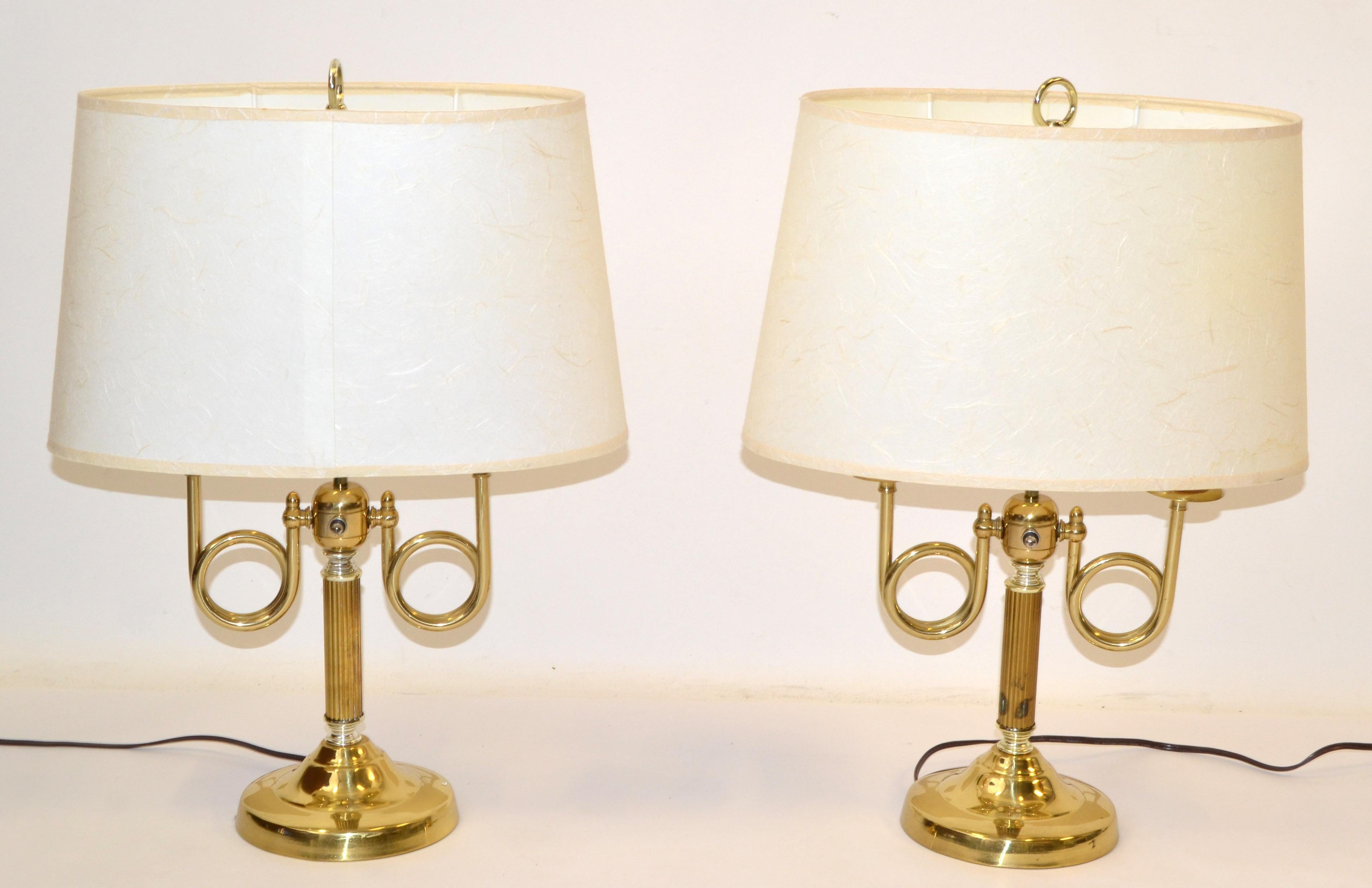 Pair French Alsy Vintage Solid Brass 2 Arm Trumpet Horn Bouillotte Lamp Shades For Sale 9