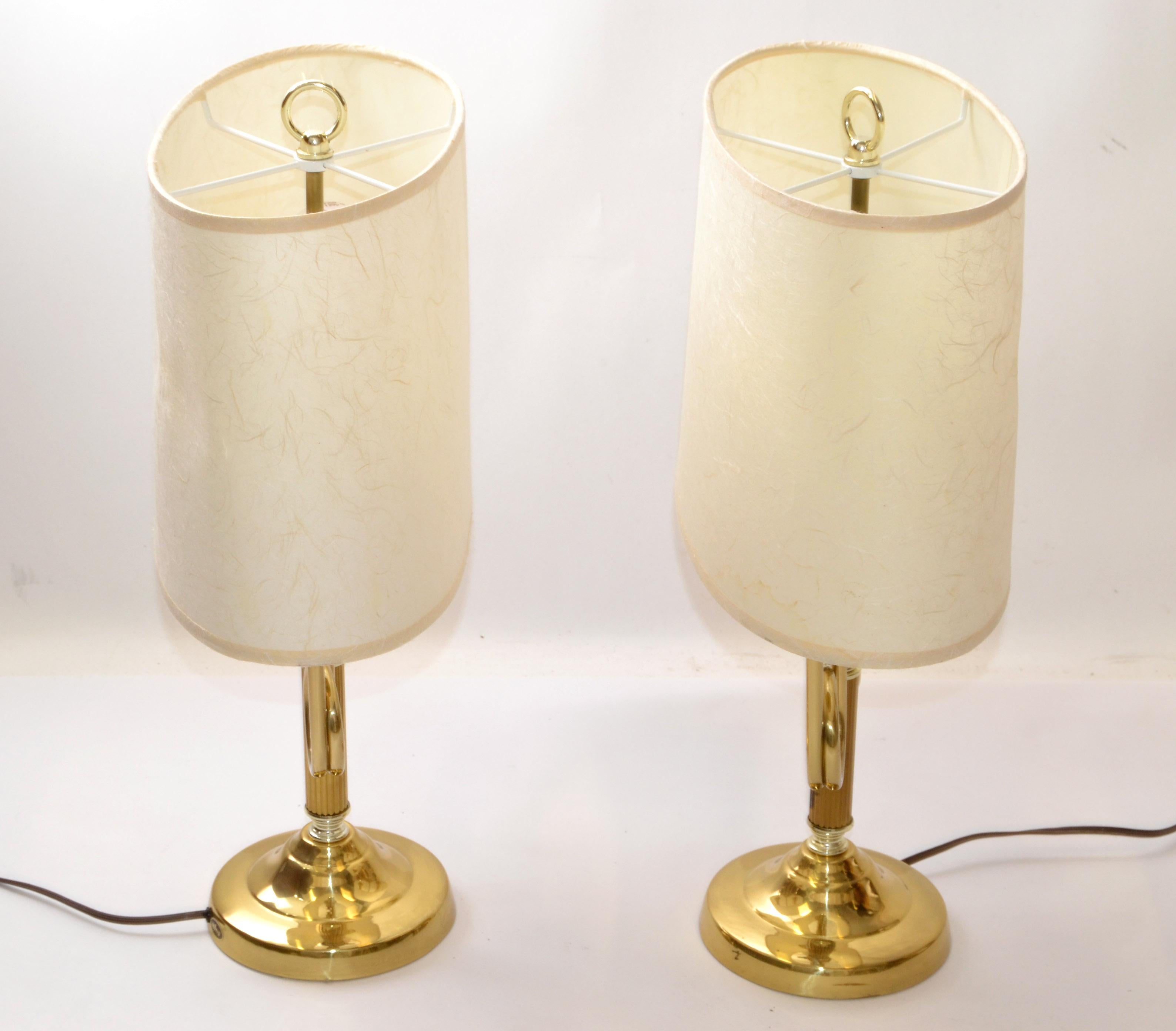 Metal Pair French Alsy Vintage Solid Brass 2 Arm Trumpet Horn Bouillotte Lamp Shades For Sale