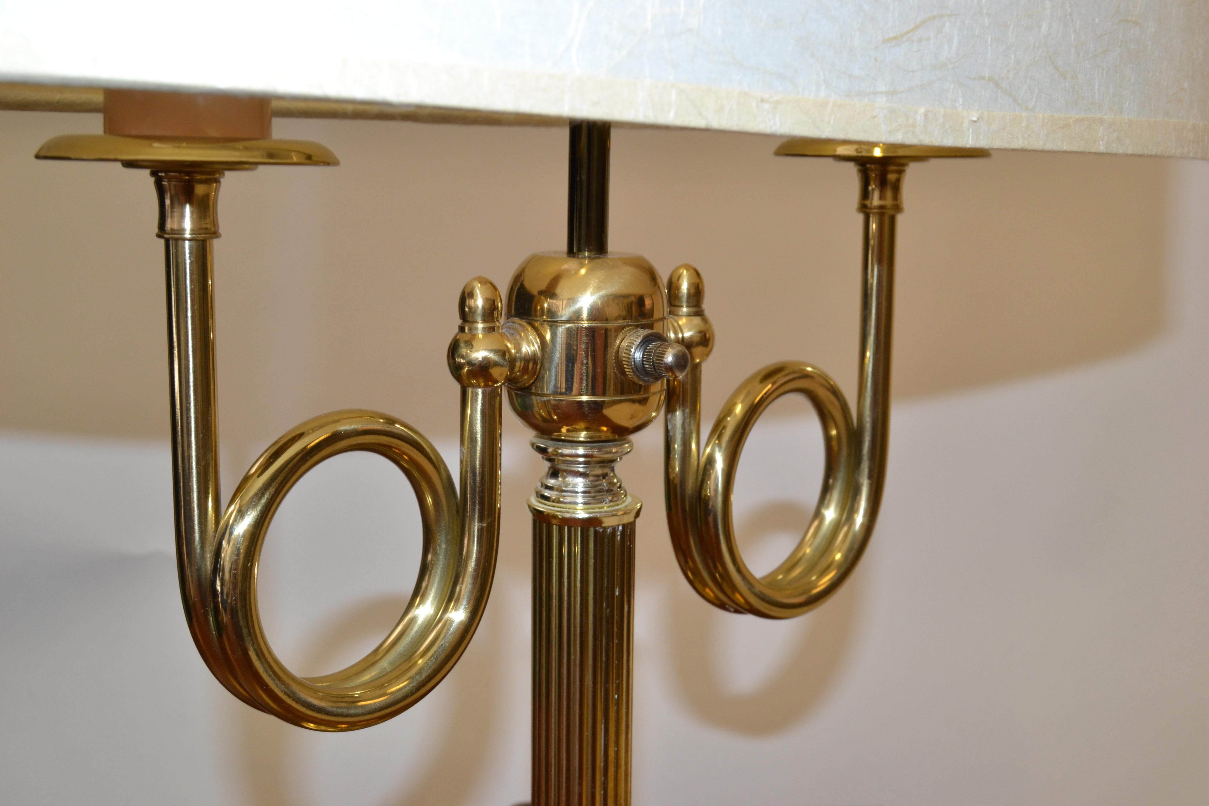 Pair French Alsy Vintage Solid Brass 2 Arm Trumpet Horn Bouillotte Lamp Shades For Sale 2