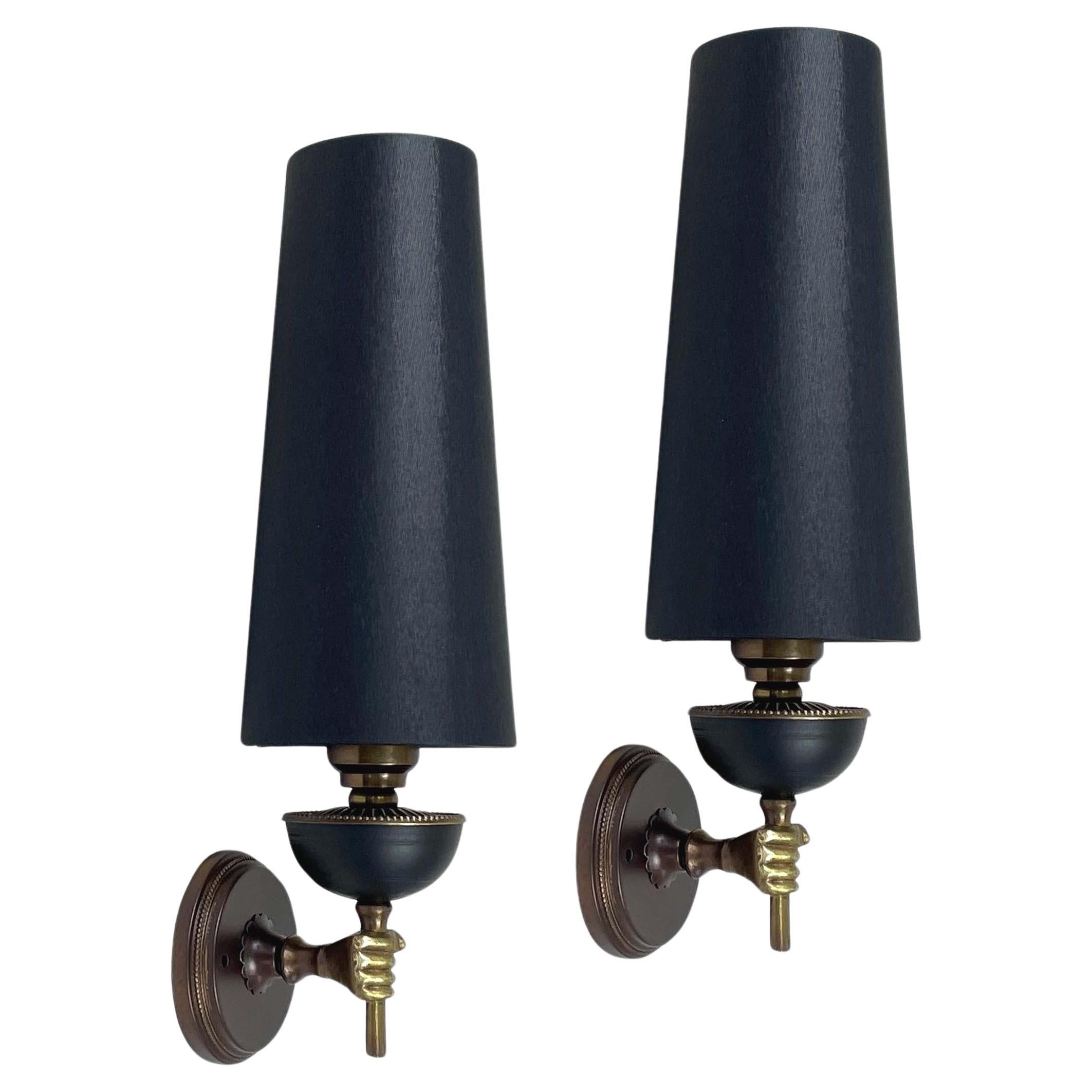 Pair French André Arbus Neoclassical Brass Hand Sconces, 1950s For Sale