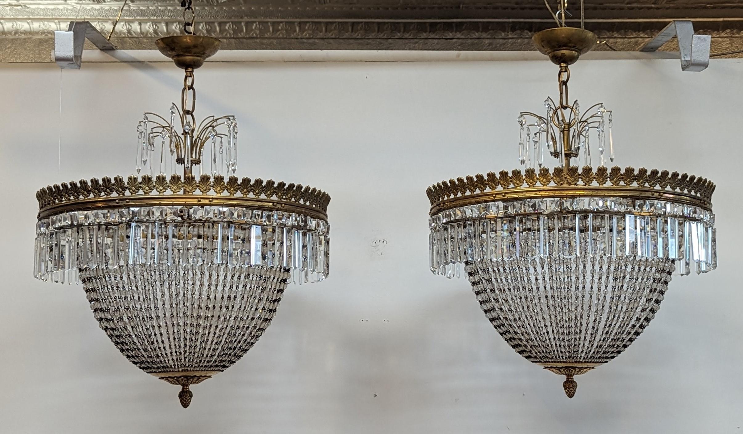 Empire Pair French Antique Crystal & Bronze Chandeliers  For Sale