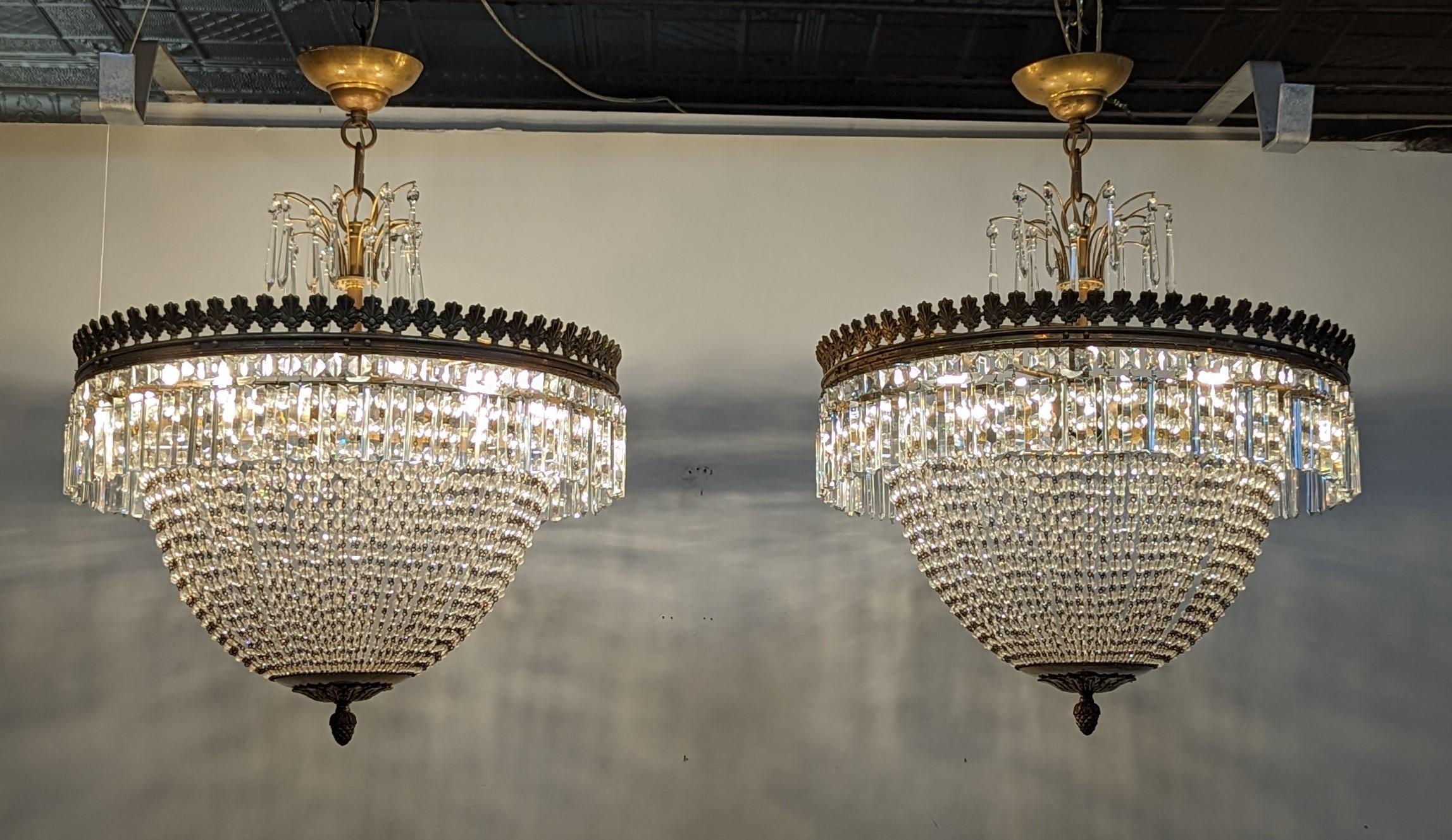 Pair French Antique Crystal & Bronze Chandeliers  In Good Condition For Sale In New York, NY
