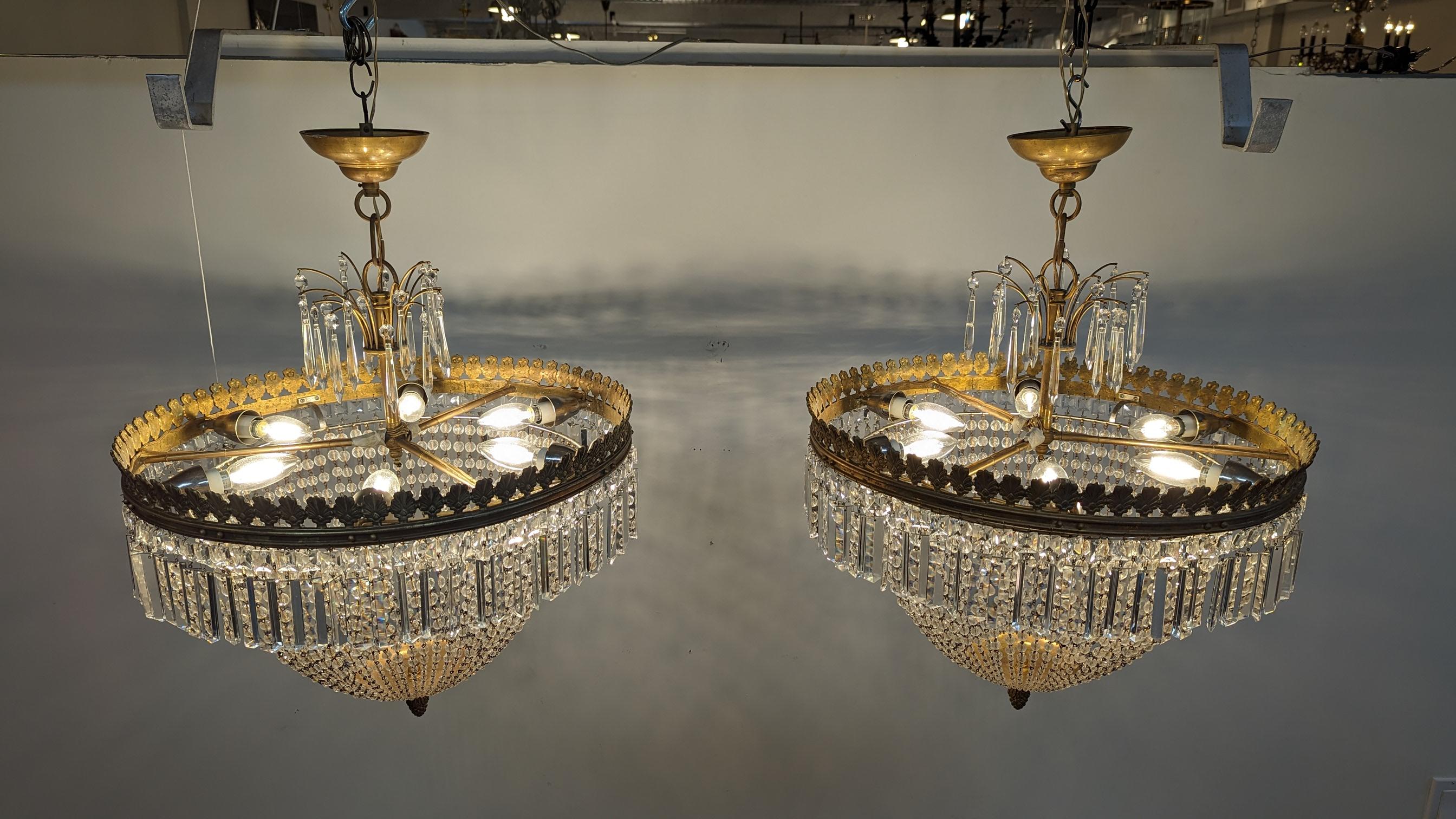 Early 20th Century Pair French Antique Crystal & Bronze Chandeliers  For Sale