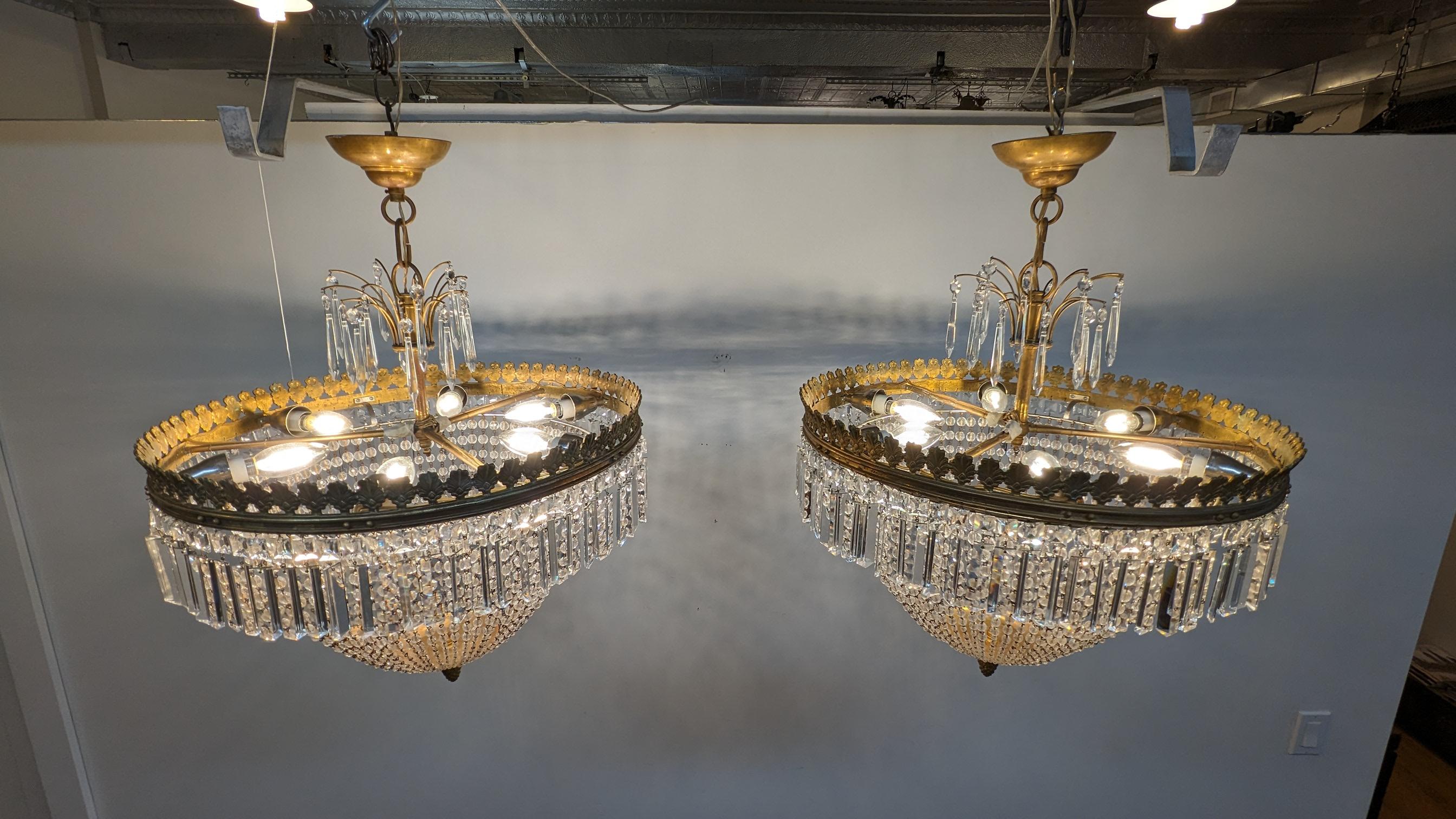 Pair French Antique Crystal & Bronze Chandeliers  For Sale 1