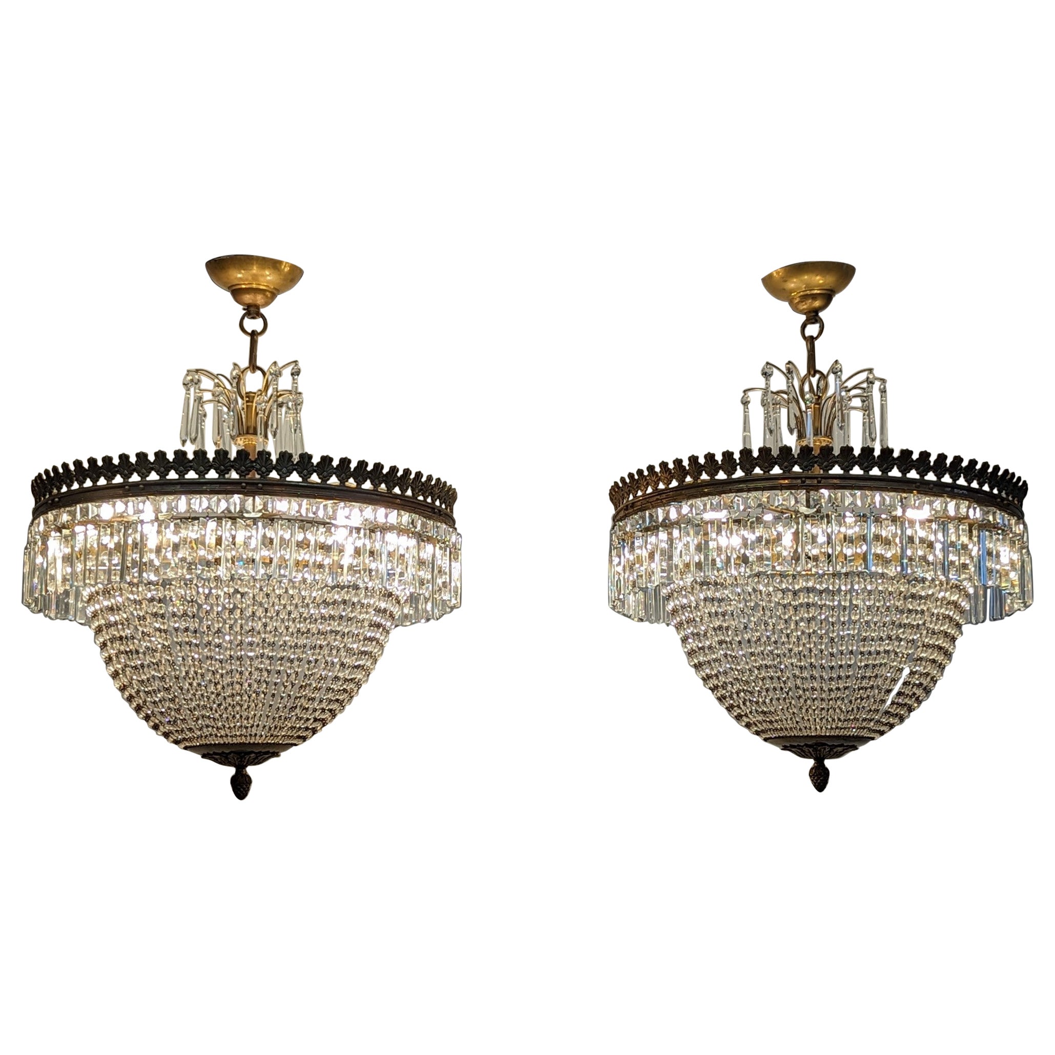 Pair French Antique Crystal 
Bronze Chandeliers