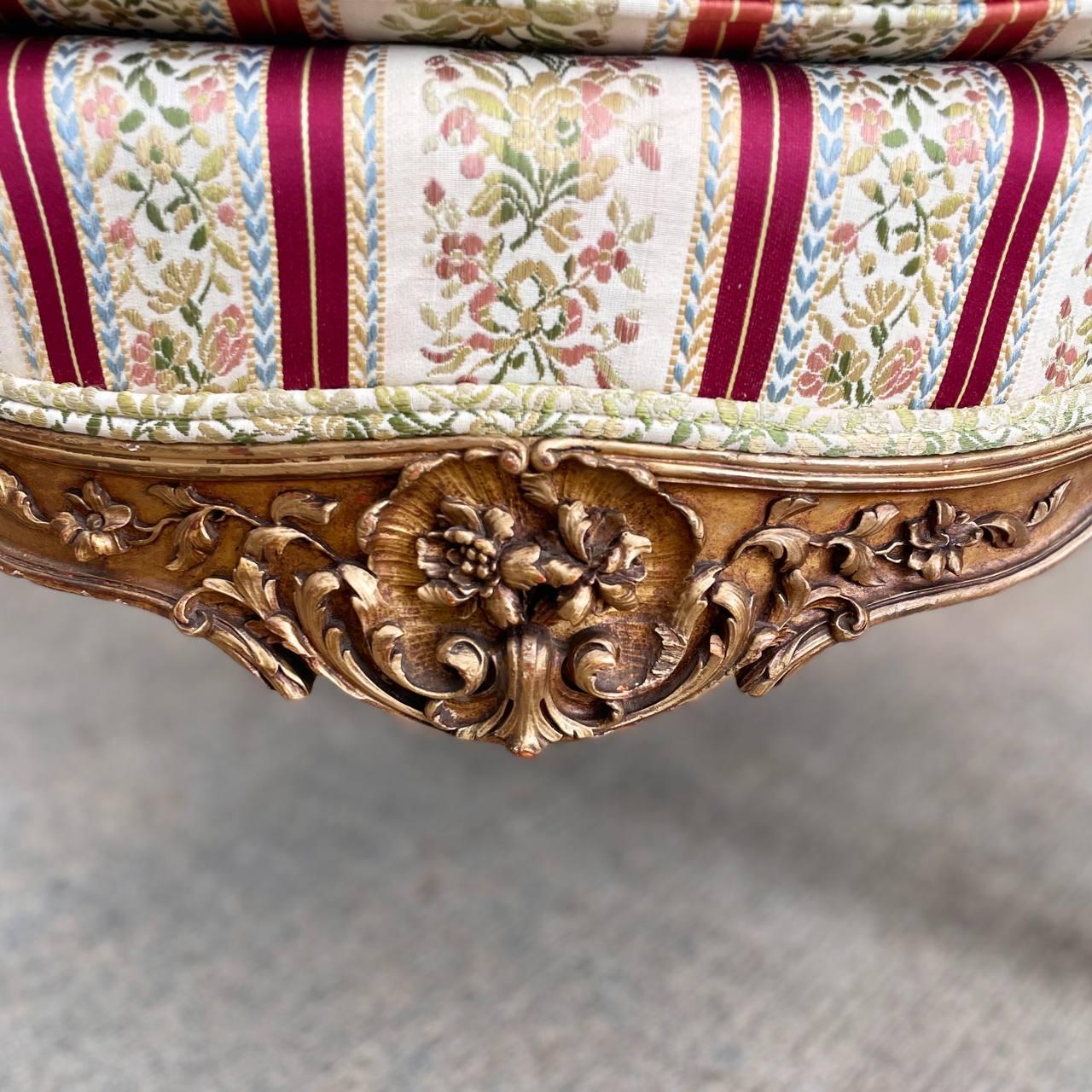 Pair French Antique Hand Carved Gilded Armchairs For Sale 7