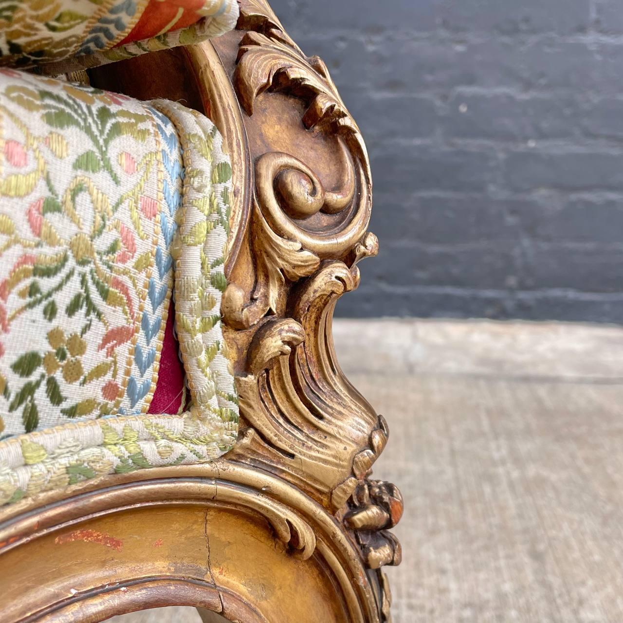 Pair French Antique Hand Carved Gilded Armchairs For Sale 8