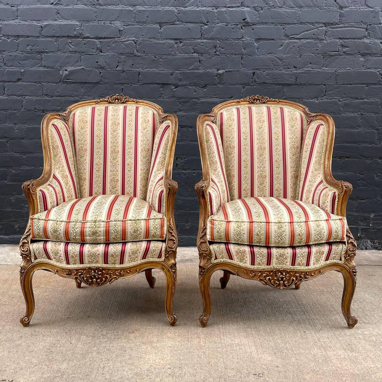 Pair French Antique Hand Carved Gilded Armchairs 

Designer: Unknown
Country: France
Manufacturer: Unknown
Materials: Guilt Wood, Original Upholstery
Style: French Antique
Year: 1920’s

$3,895 pair 

Dimensions:
43”H x 28”W x 32”D
Seat