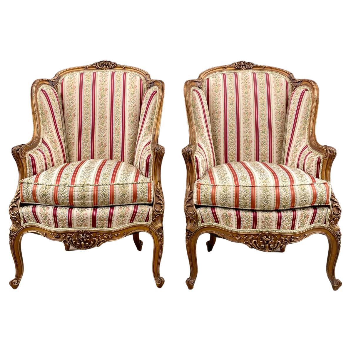 Pair French Antique Hand Carved Gilded Armchairs For Sale