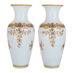 Pair French Antique Hand-Painted Opaline Glass White Floral Vases Baccarat