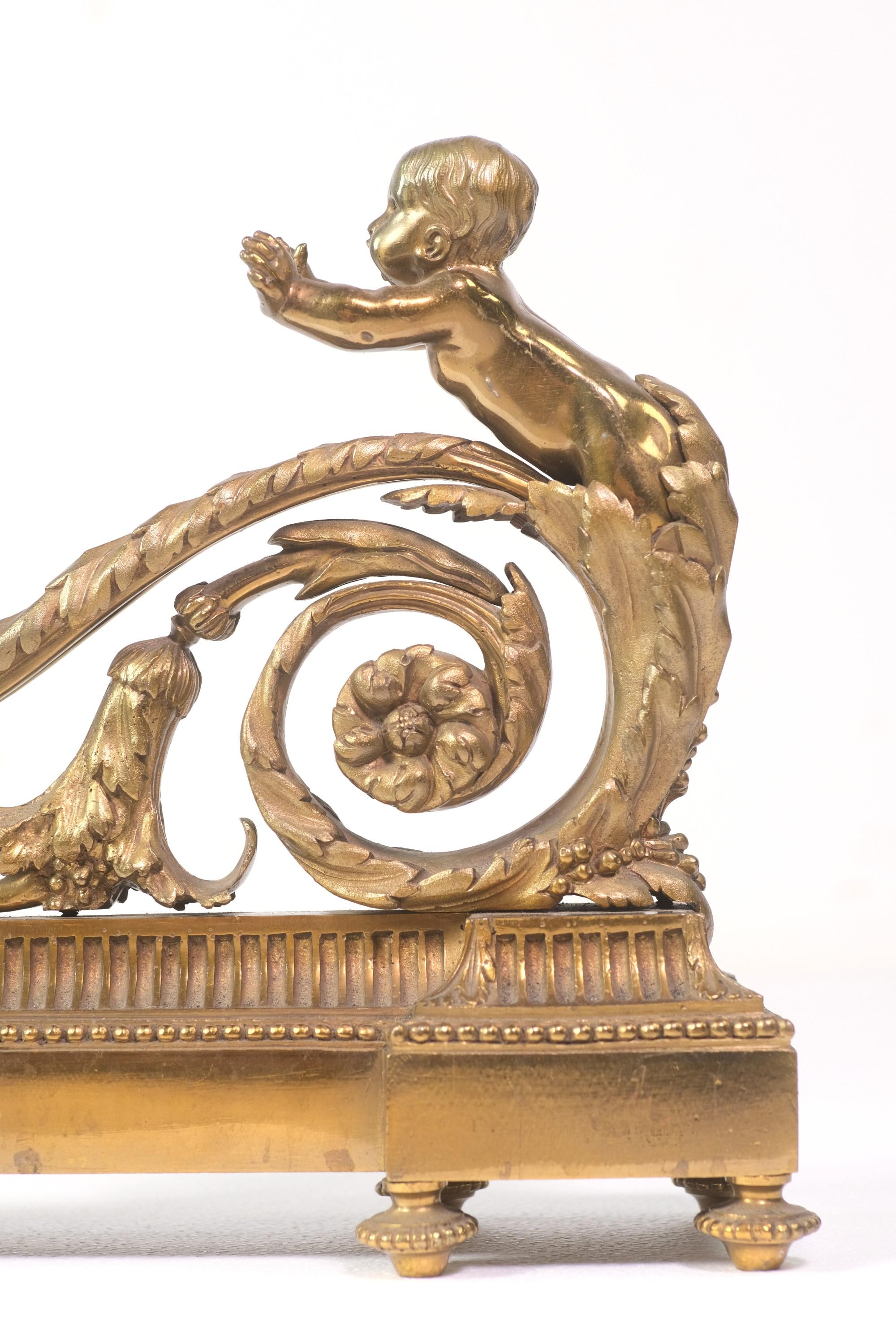 20th Century Pair French Antique Louis XV Bronze Chenets Cherub Design For Sale