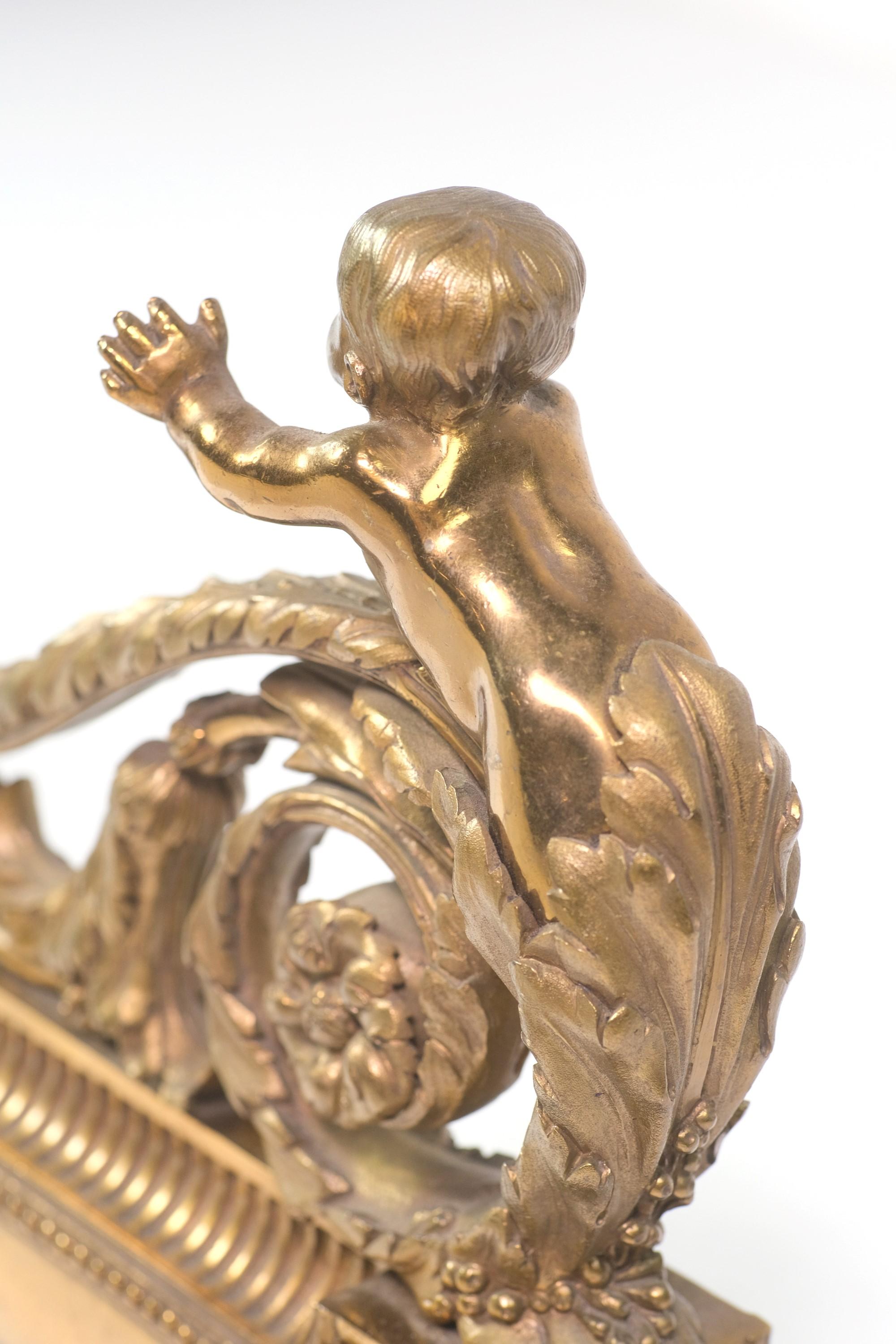 Pair French Antique Louis XV Bronze Chenets Cherub Design For Sale 1
