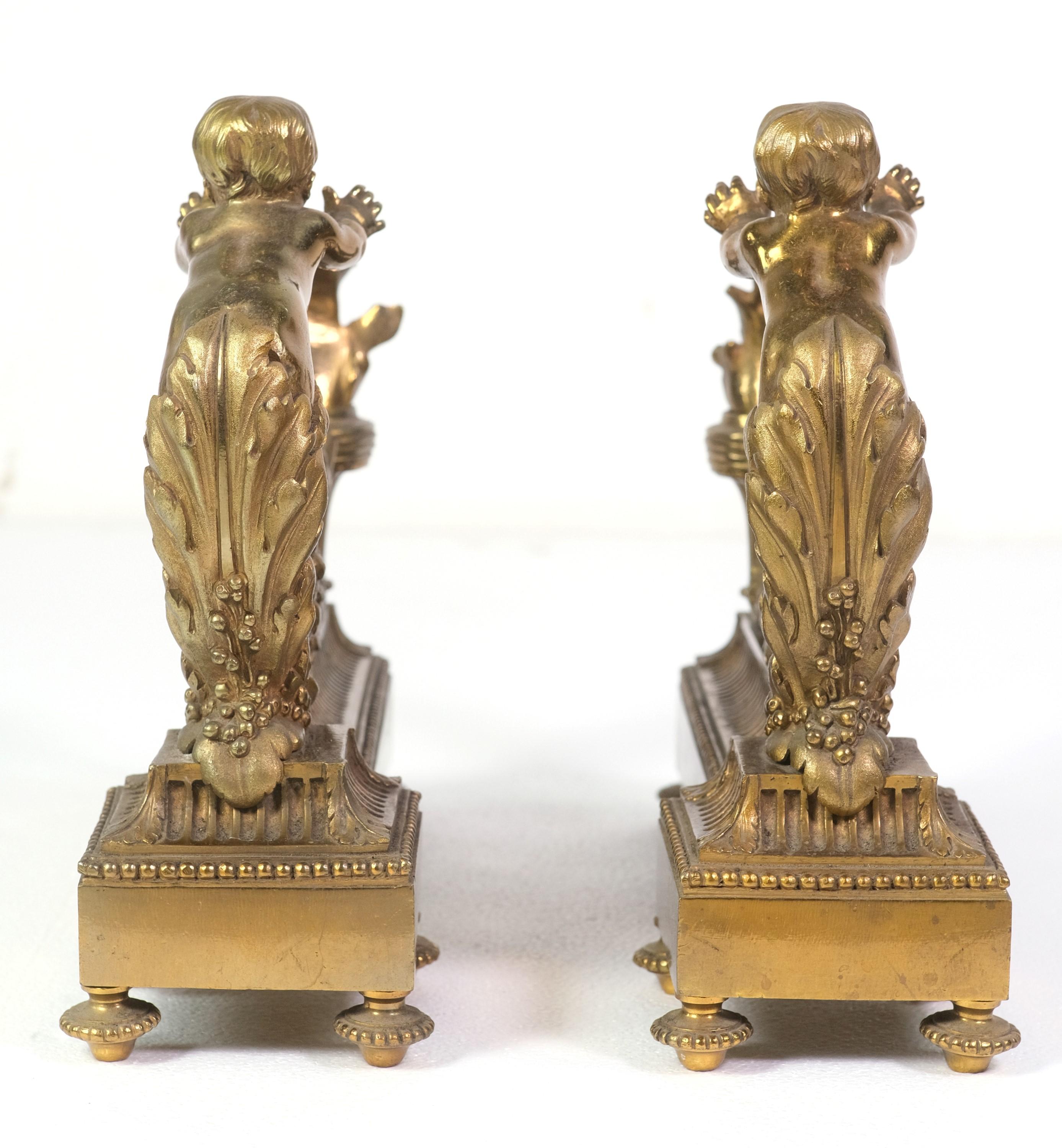 Pair French Antique Louis XV Bronze Chenets Cherub Design For Sale 2