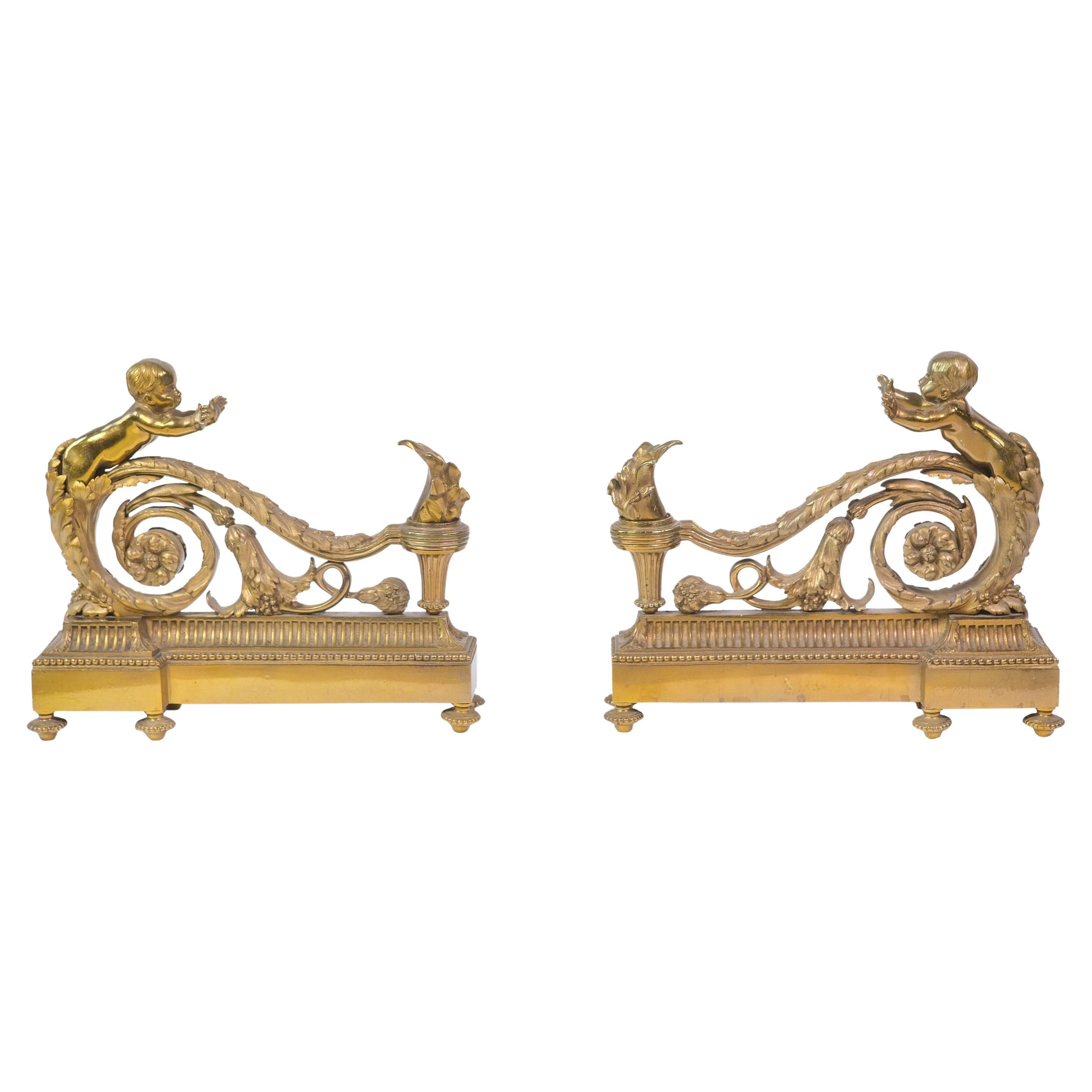 Pair French Antique Louis XV Bronze Chenets Cherub Design For Sale