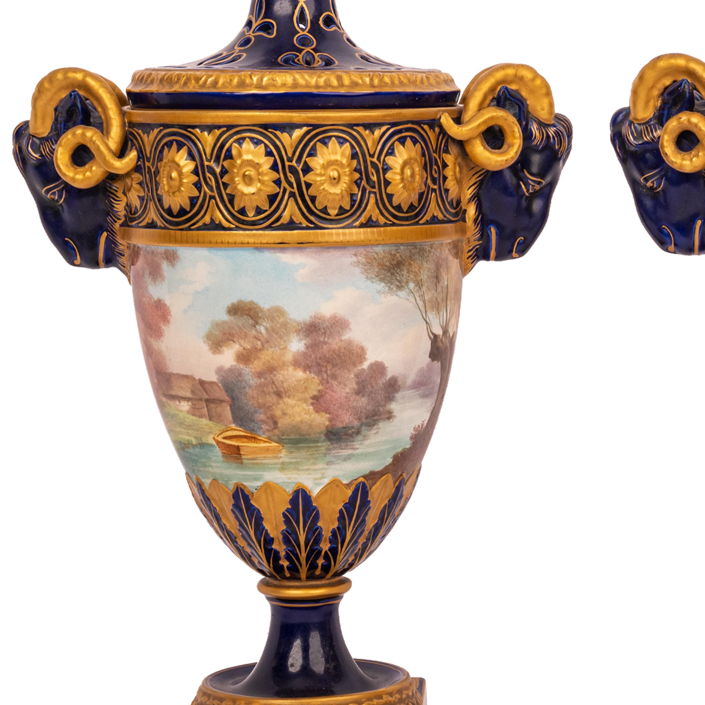 Pair French Antique Porcelain Rams Head lidded Vases Urns PotPourri Veuve Perrin For Sale 4
