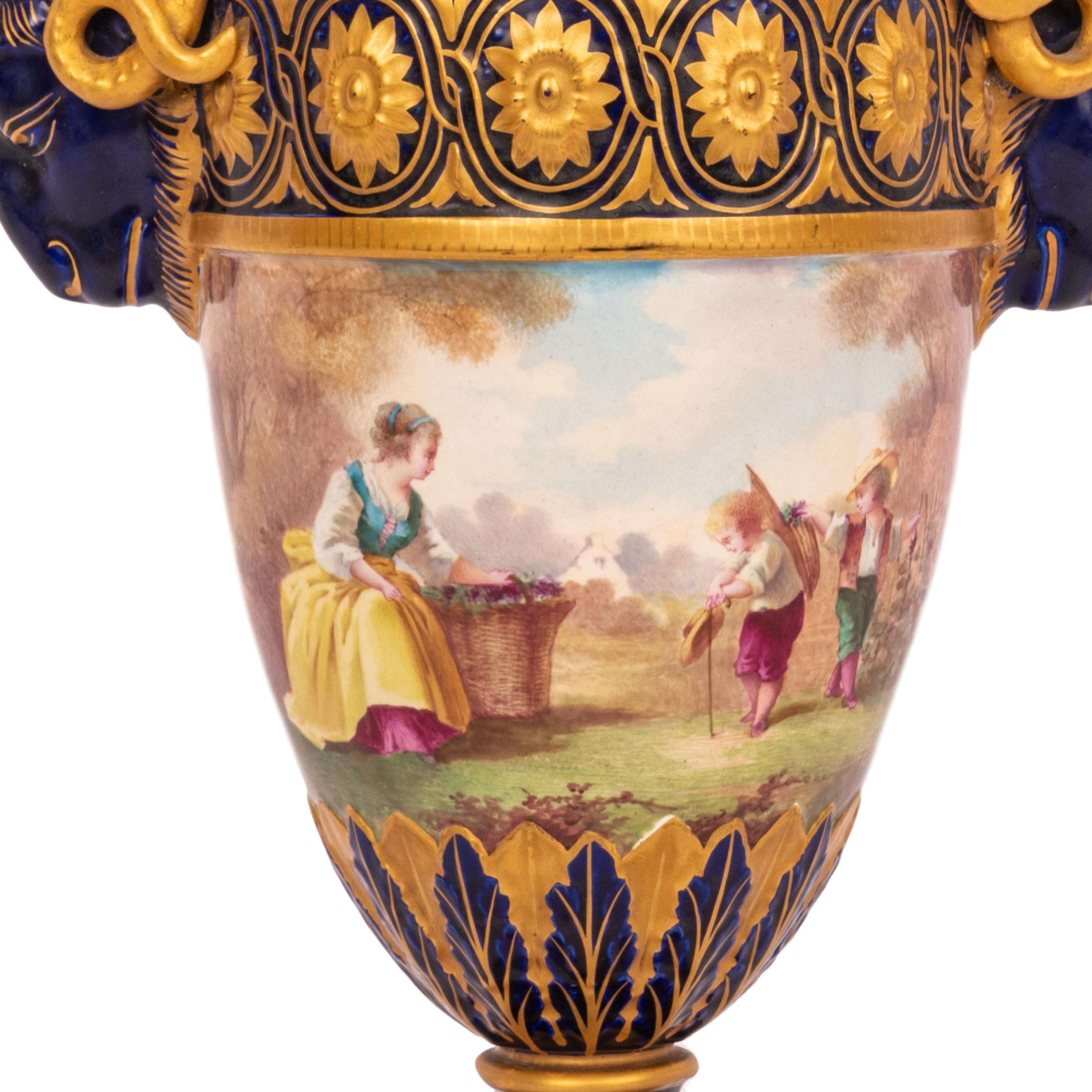 Pair French Antique Porcelain Rams Head lidded Vases Urns PotPourri Veuve Perrin For Sale 6