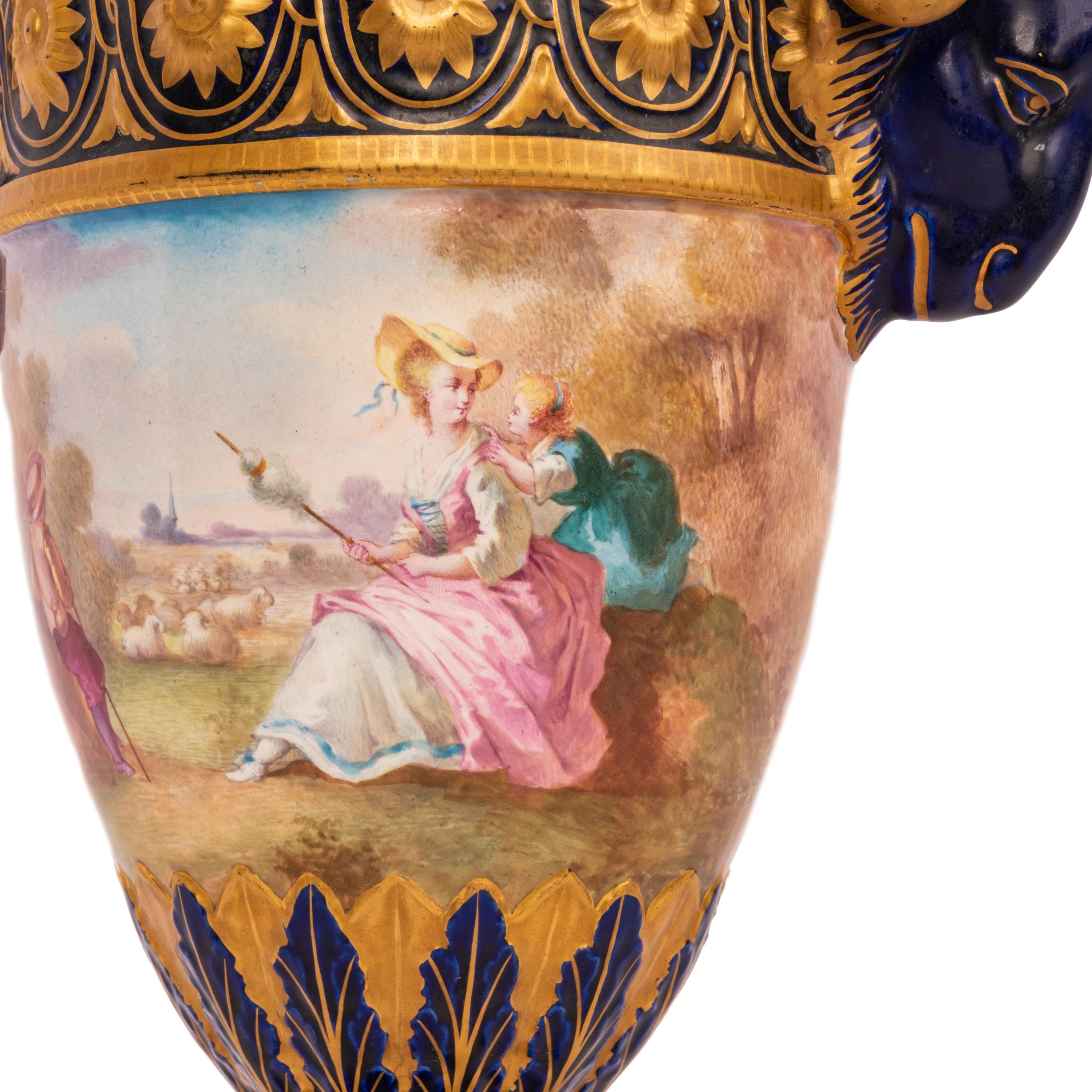 Pair French Antique Porcelain Rams Head lidded Vases Urns PotPourri Veuve Perrin For Sale 7