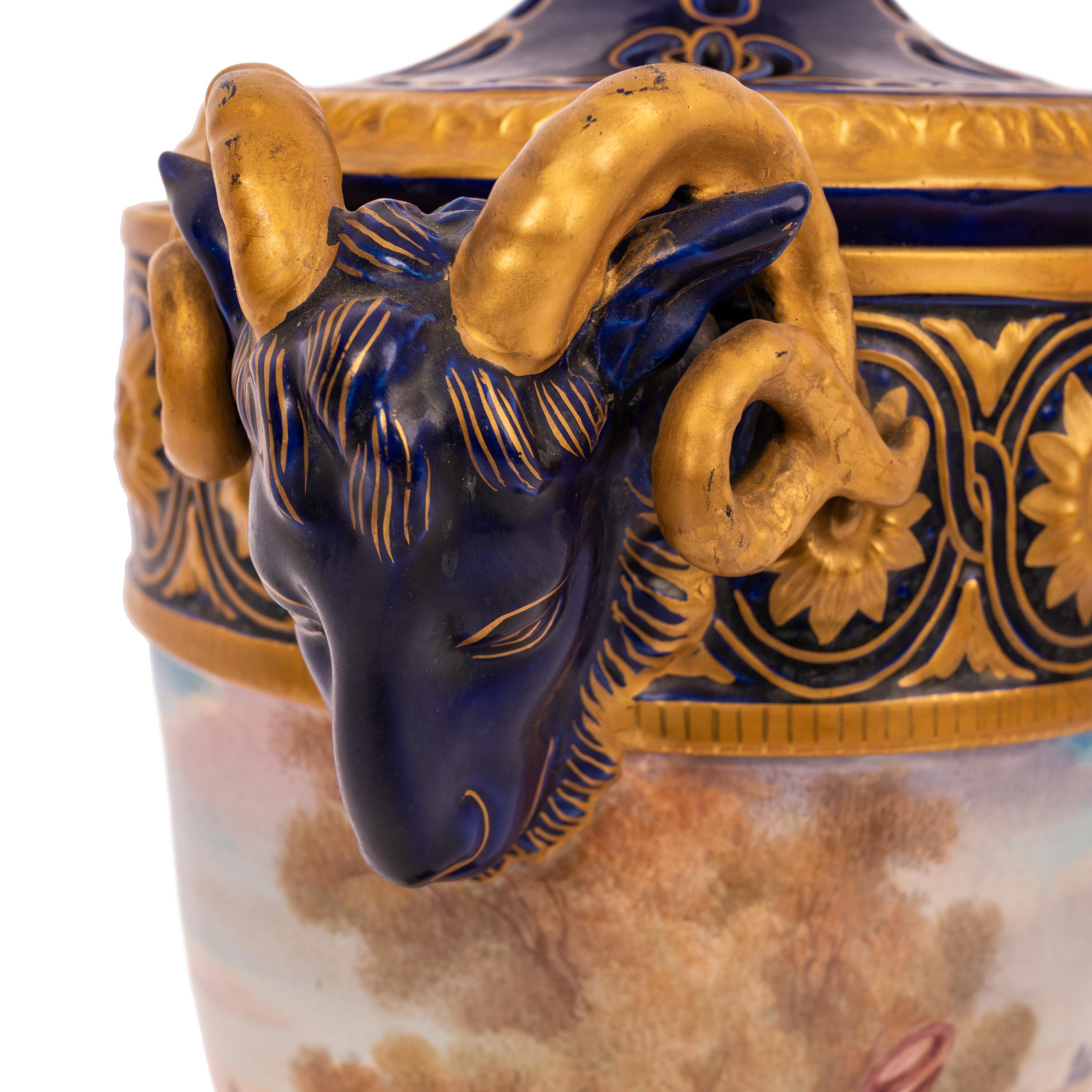 Pair French Antique Porcelain Rams Head lidded Vases Urns PotPourri Veuve Perrin For Sale 9