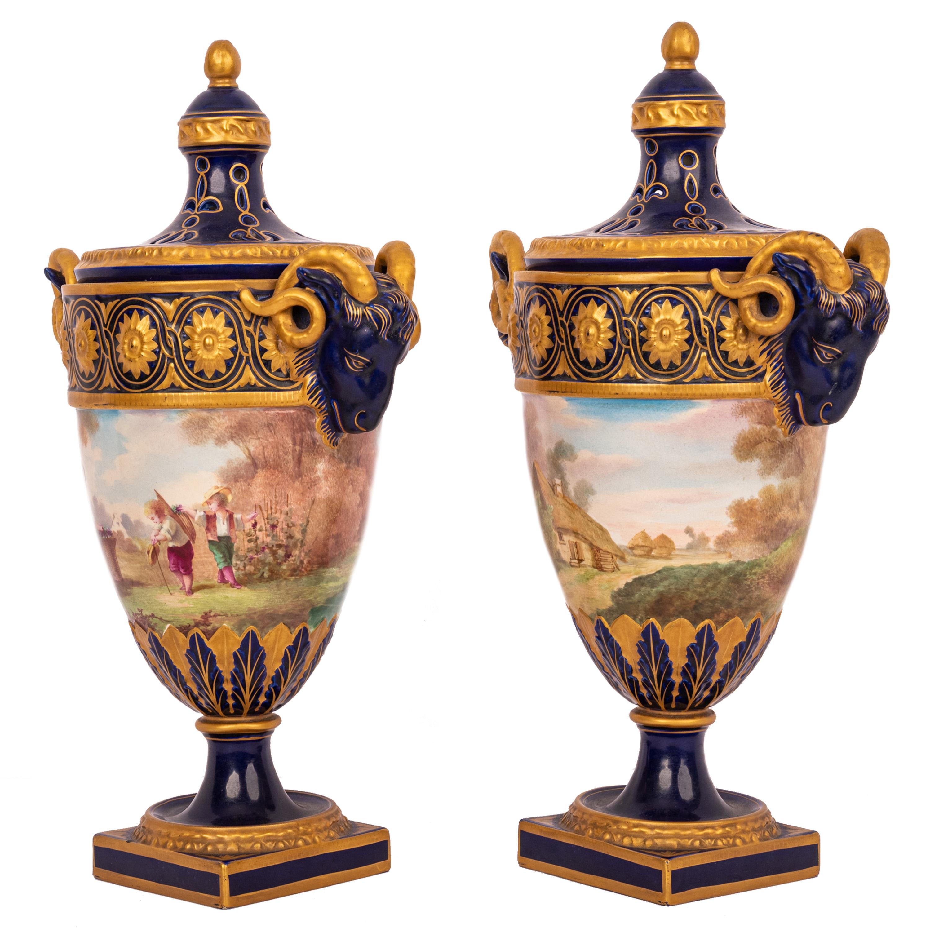Rococo Revival Pair French Antique Porcelain Rams Head lidded Vases Urns PotPourri Veuve Perrin For Sale