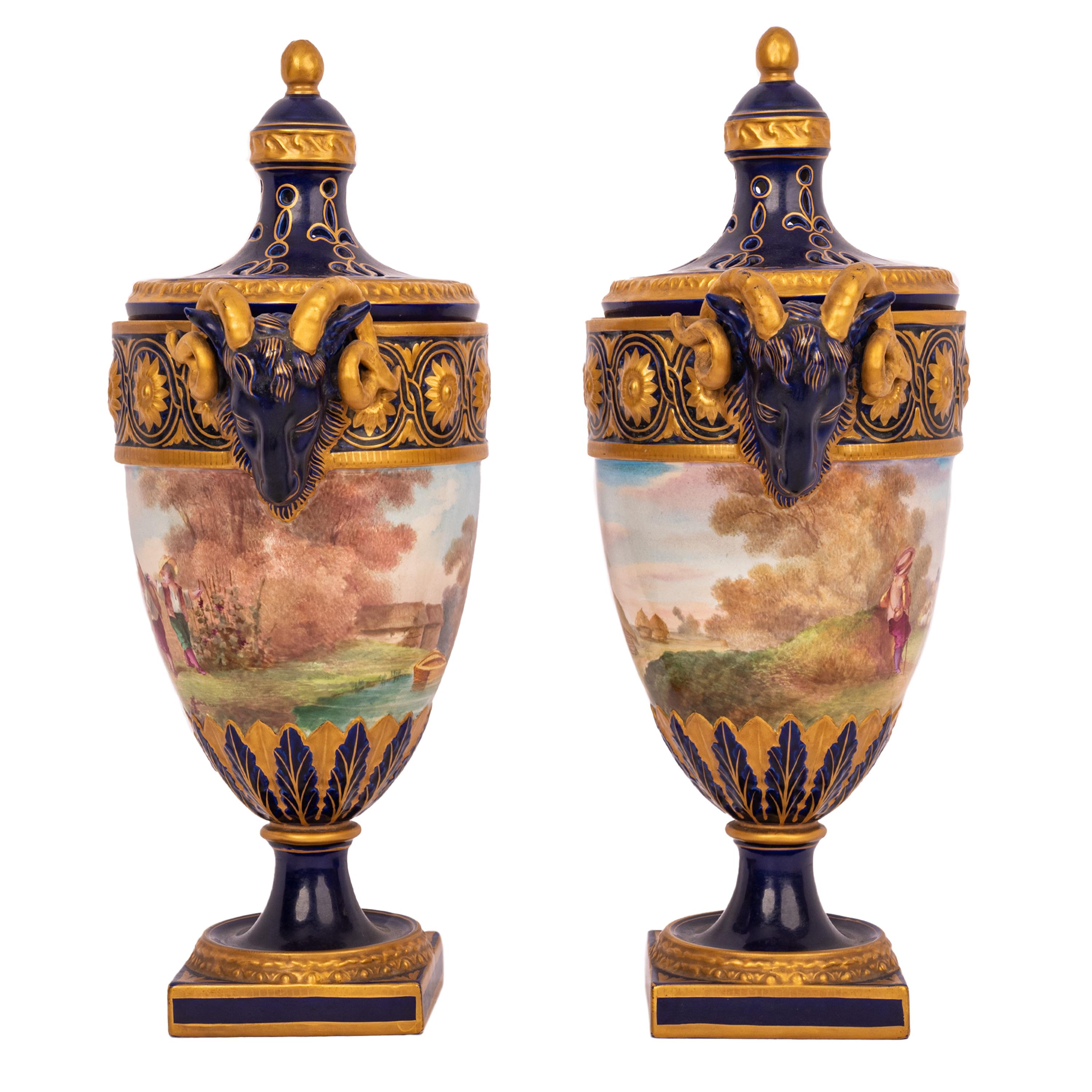 Gilt Pair French Antique Porcelain Rams Head lidded Vases Urns PotPourri Veuve Perrin For Sale