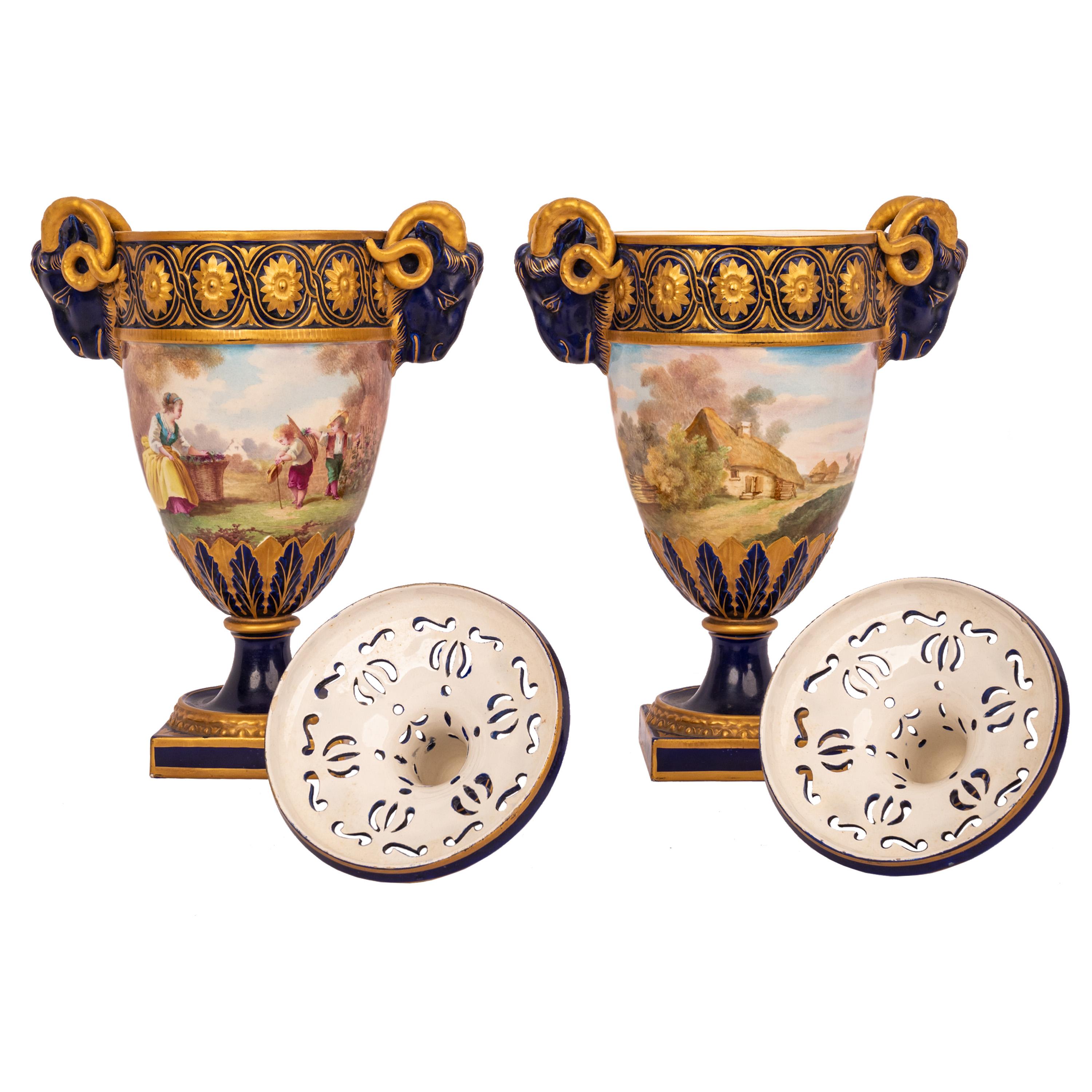 19th Century Pair French Antique Porcelain Rams Head lidded Vases Urns PotPourri Veuve Perrin For Sale
