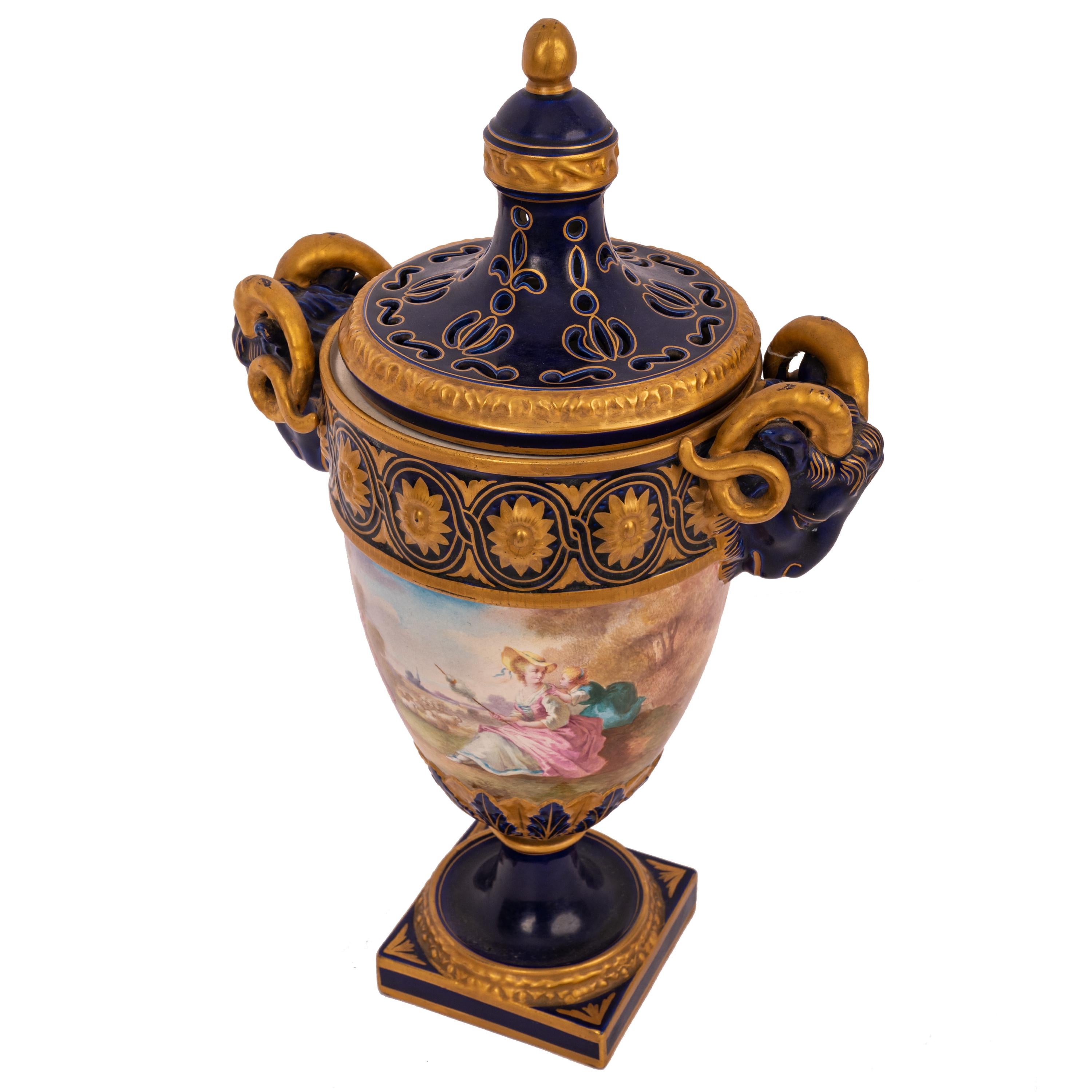 Pair French Antique Porcelain Rams Head lidded Vases Urns PotPourri Veuve Perrin For Sale 1