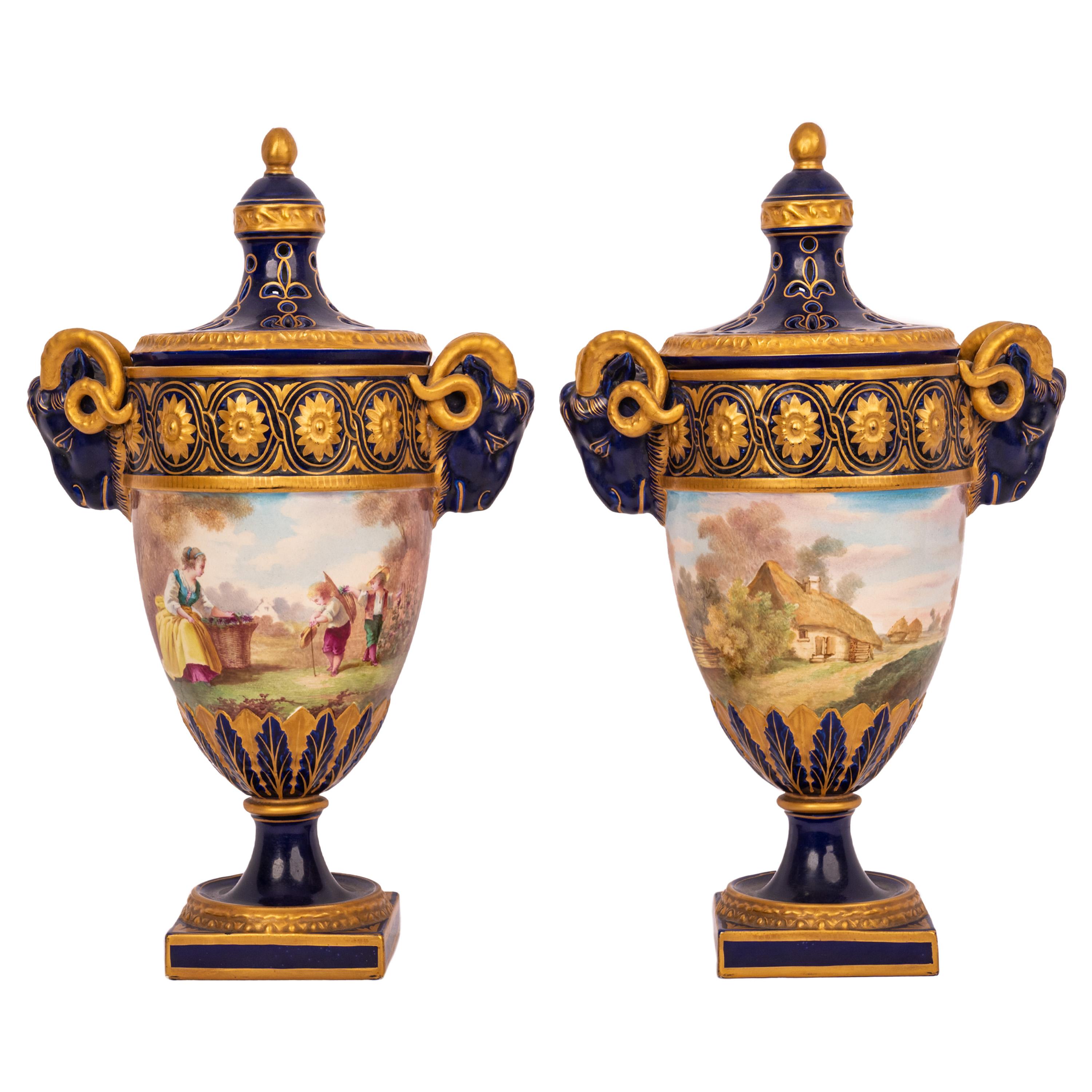 Pair French Antique Porcelain Rams Head lidded Vases Urns PotPourri Veuve Perrin For Sale