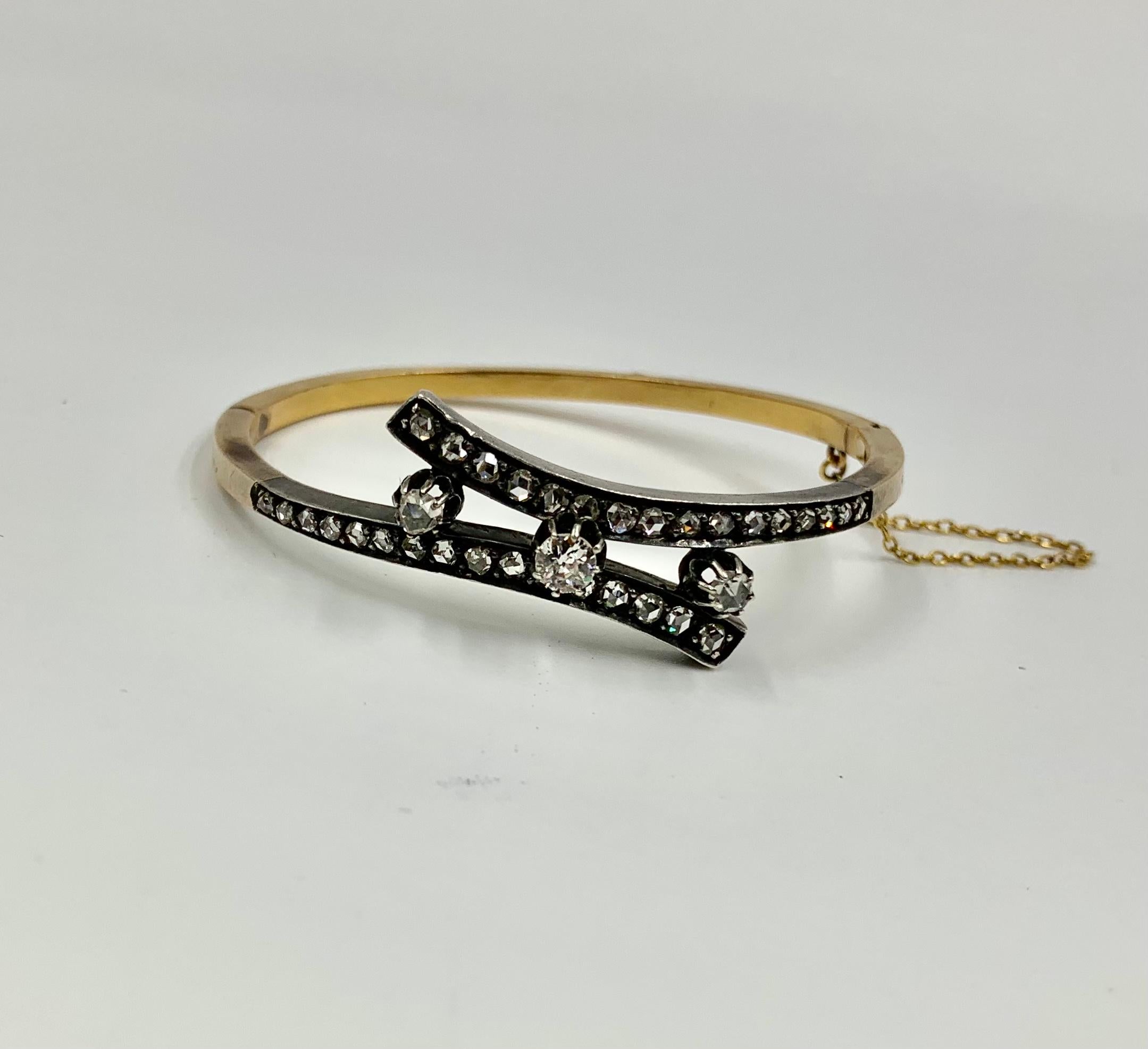 Old European Cut Pair French Antique Rose Cut Diamond 18K Gold Bracelets, Early Marcus & Co.  For Sale