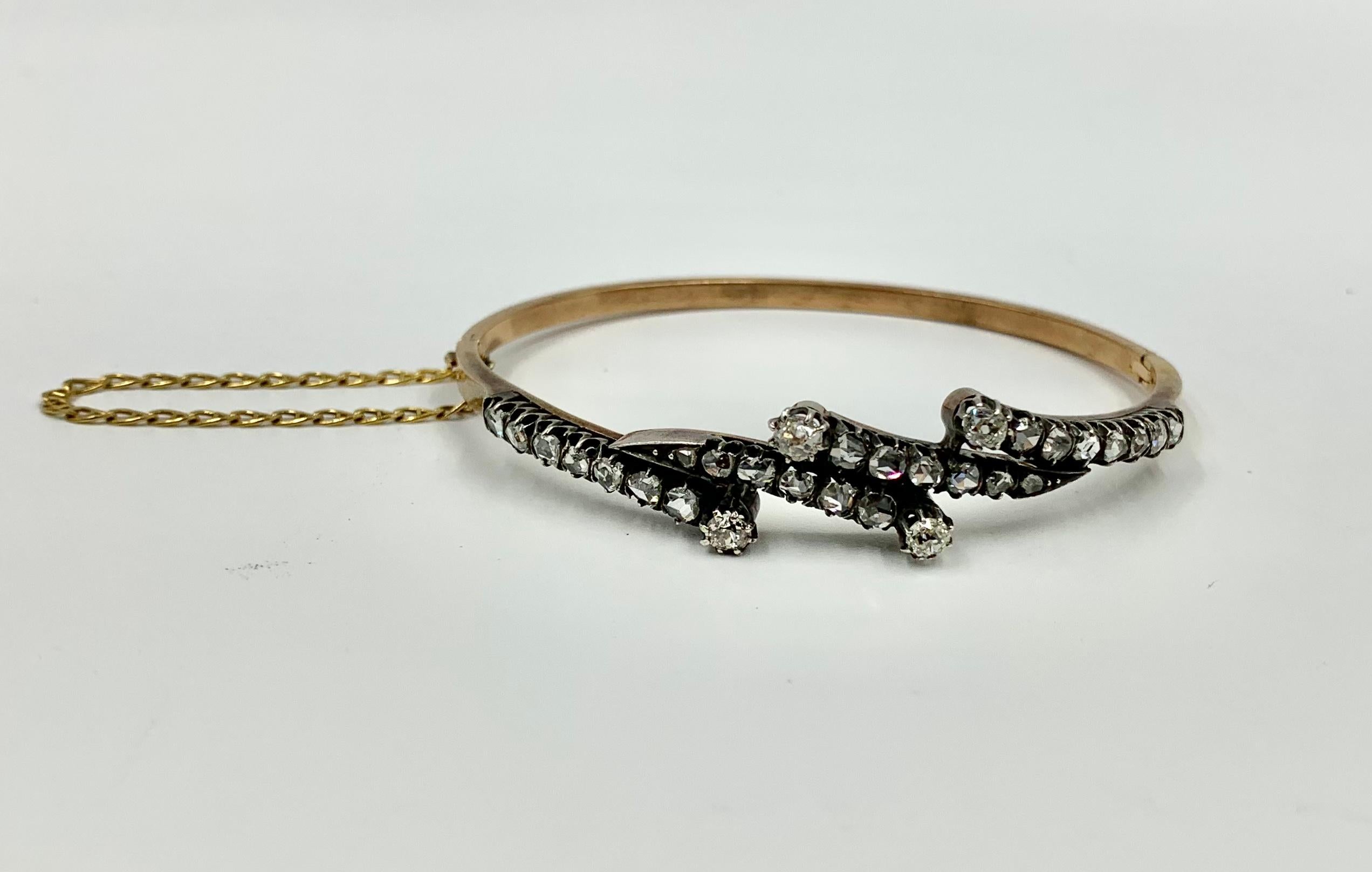 Women's Pair French Antique Rose Cut Diamond 18K Gold Bracelets, Early Marcus & Co.  For Sale
