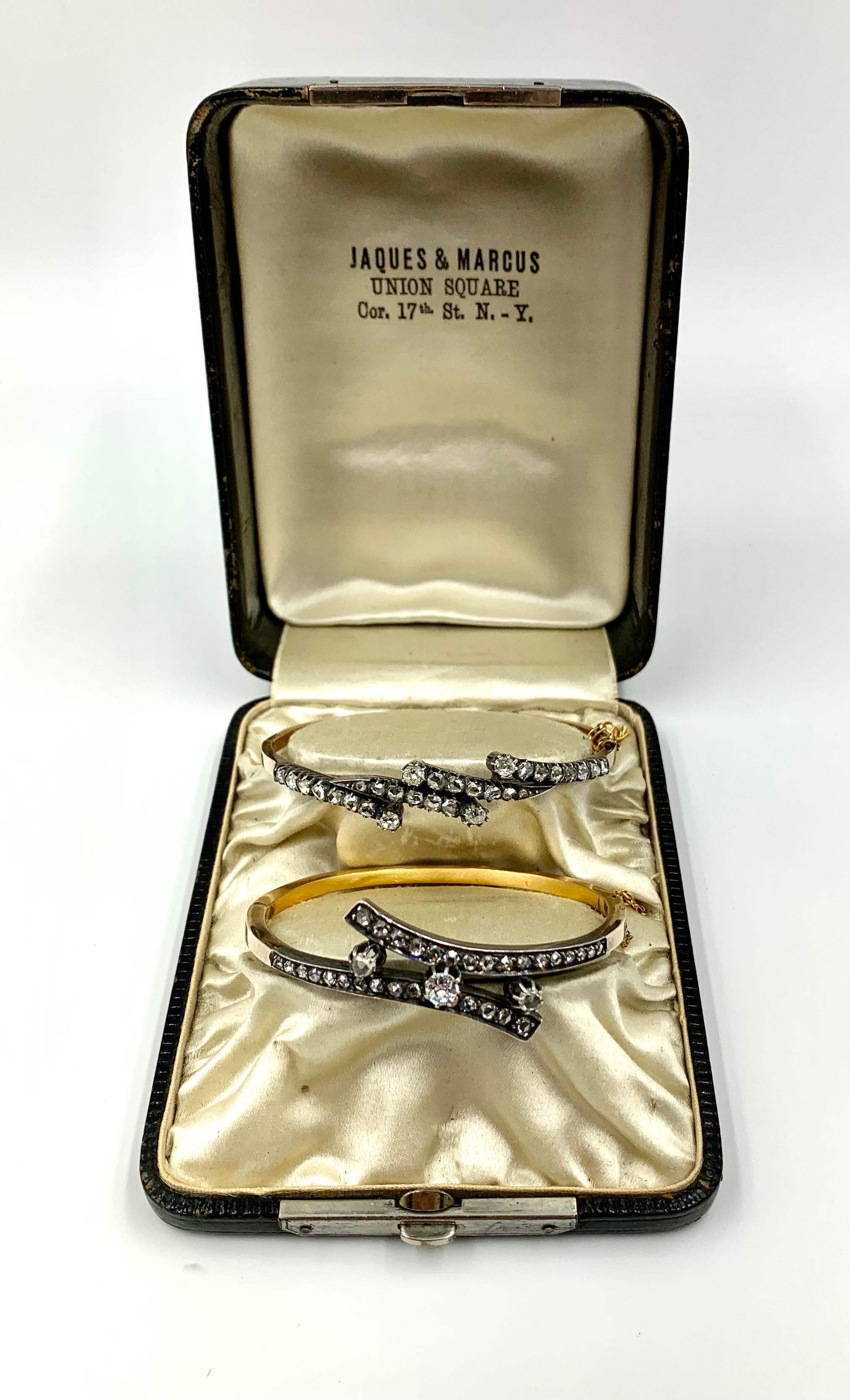 Pair French Antique Rose Cut Diamond 18K Gold Bracelets, Early Marcus & Co.  For Sale 1