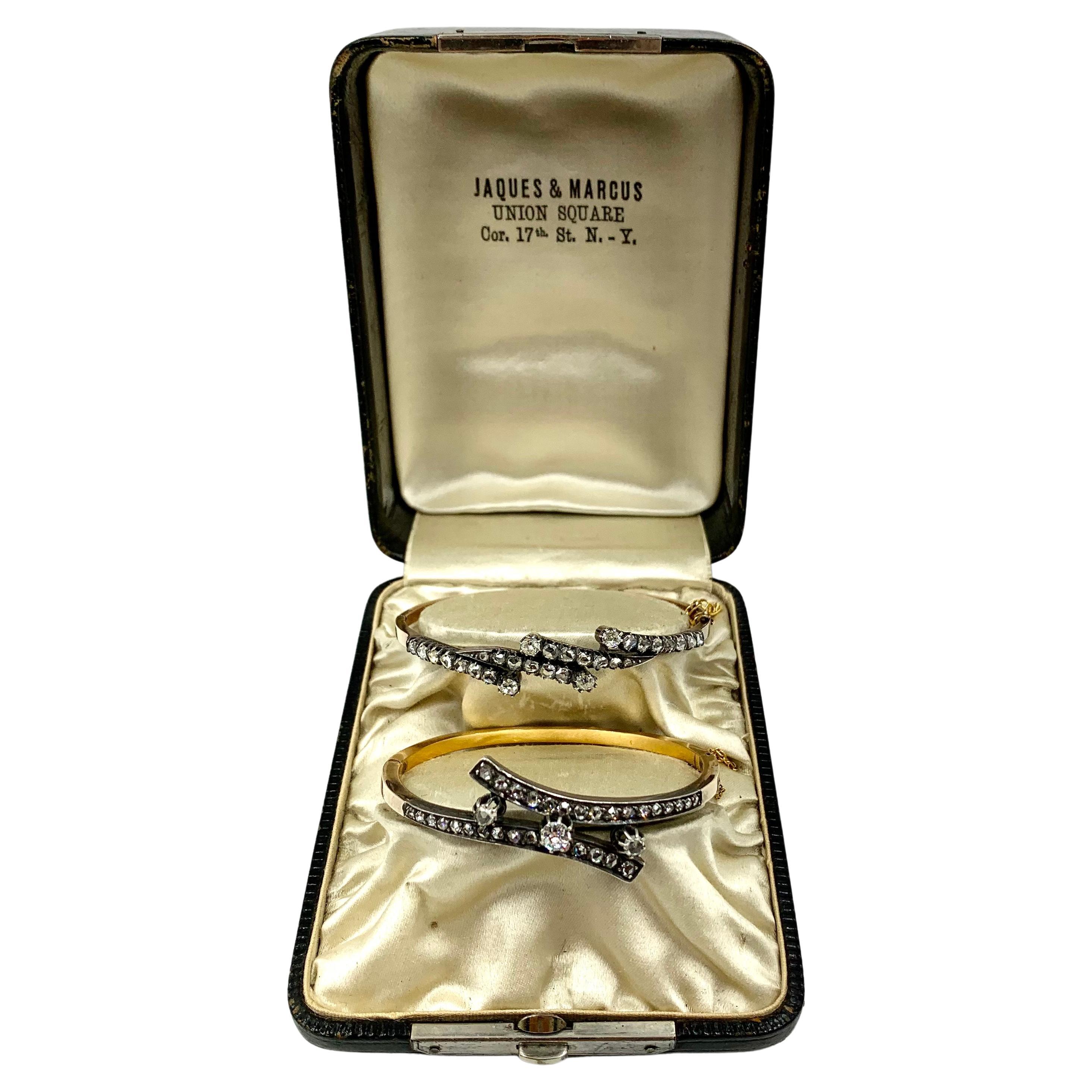Pair French Antique Rose Cut Diamond 18K Gold Bracelets, Early Marcus & Co. For Sale