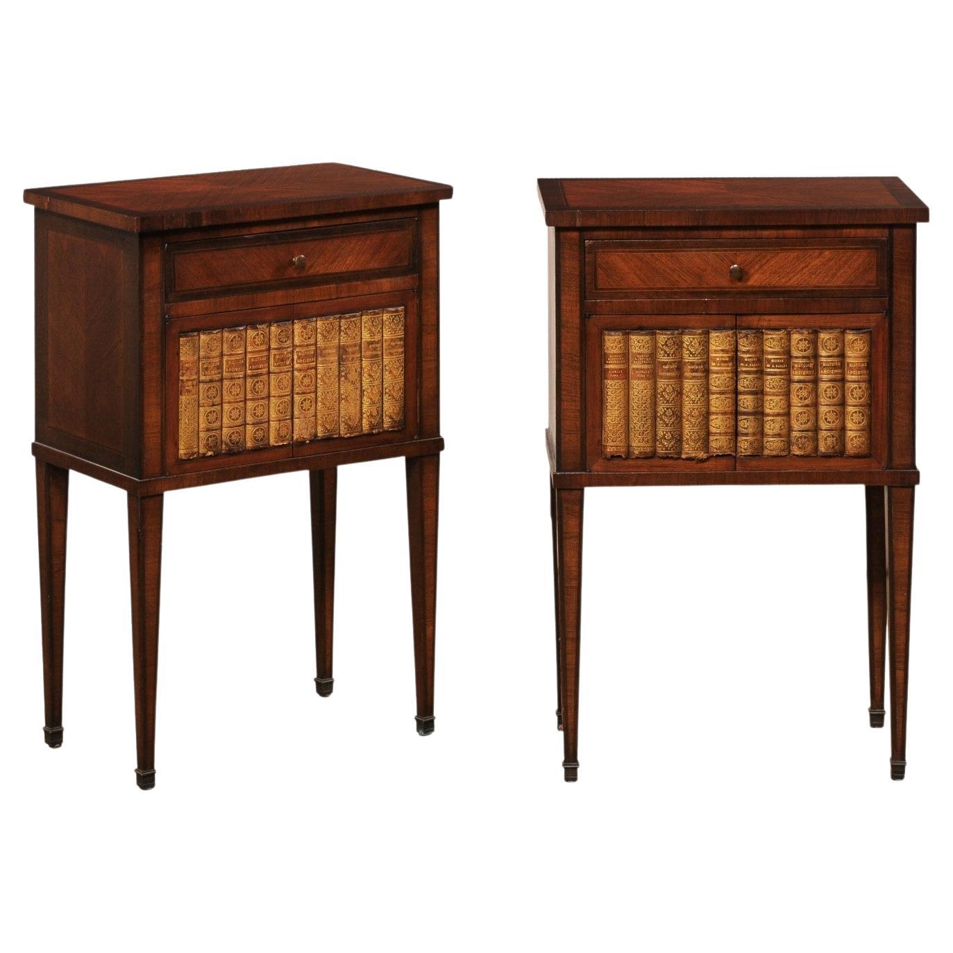 Pair French Antique Side Chests w/ "Faux Book" 'Real Leather Book Spines' Design For Sale