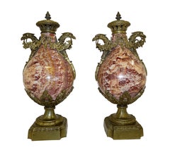Pair French Antiques Cassolettes Urns Red Marble Empire 1880