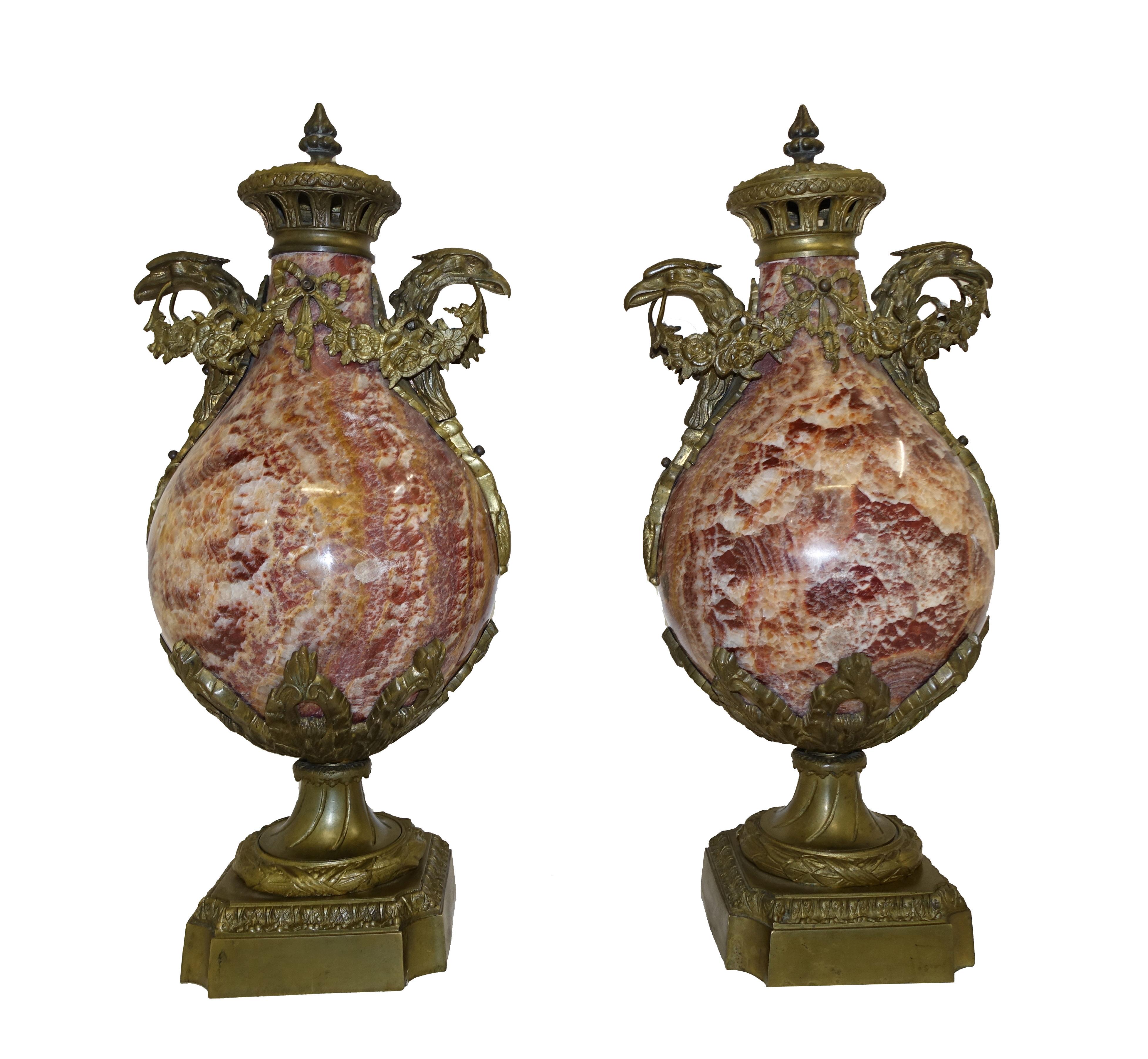 Pair French Antiques Cassolettes Urns Red Marble Empire 1880 In Good Condition For Sale In Potters Bar, GB
