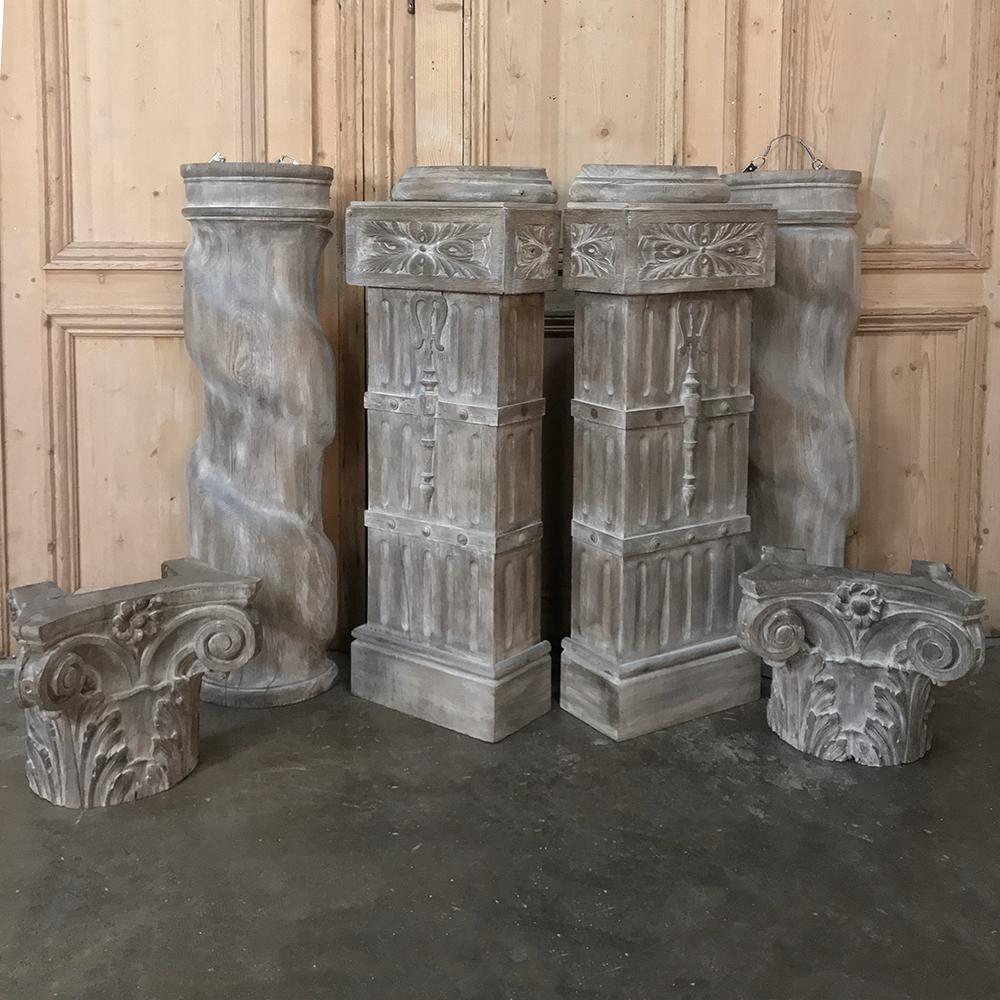 Pair of Architectural Corinthian Weathered Oak Hand Carved Columns, circa 1890 5