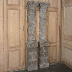 Pair of Architectural Corinthian Weathered Oak Hand Carved Columns, circa 1890